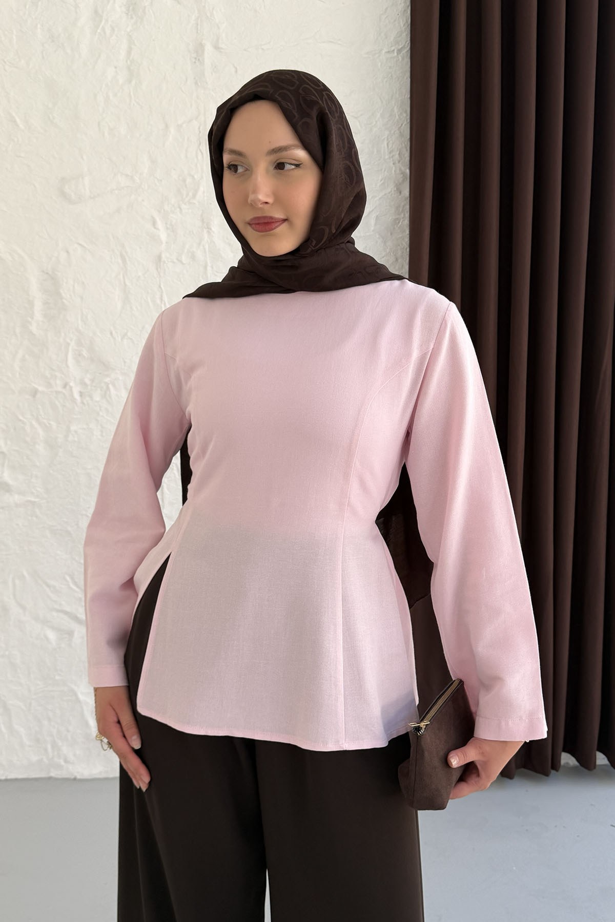 Yandan Yırtmaç Detay Biye Kemerli Tunik-PEMBE
