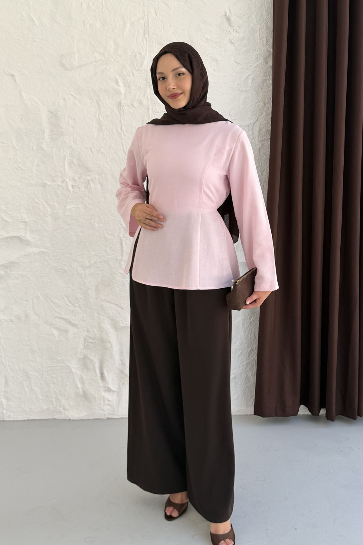 Yandan Yırtmaç Detay Biye Kemerli Tunik-PEMBE