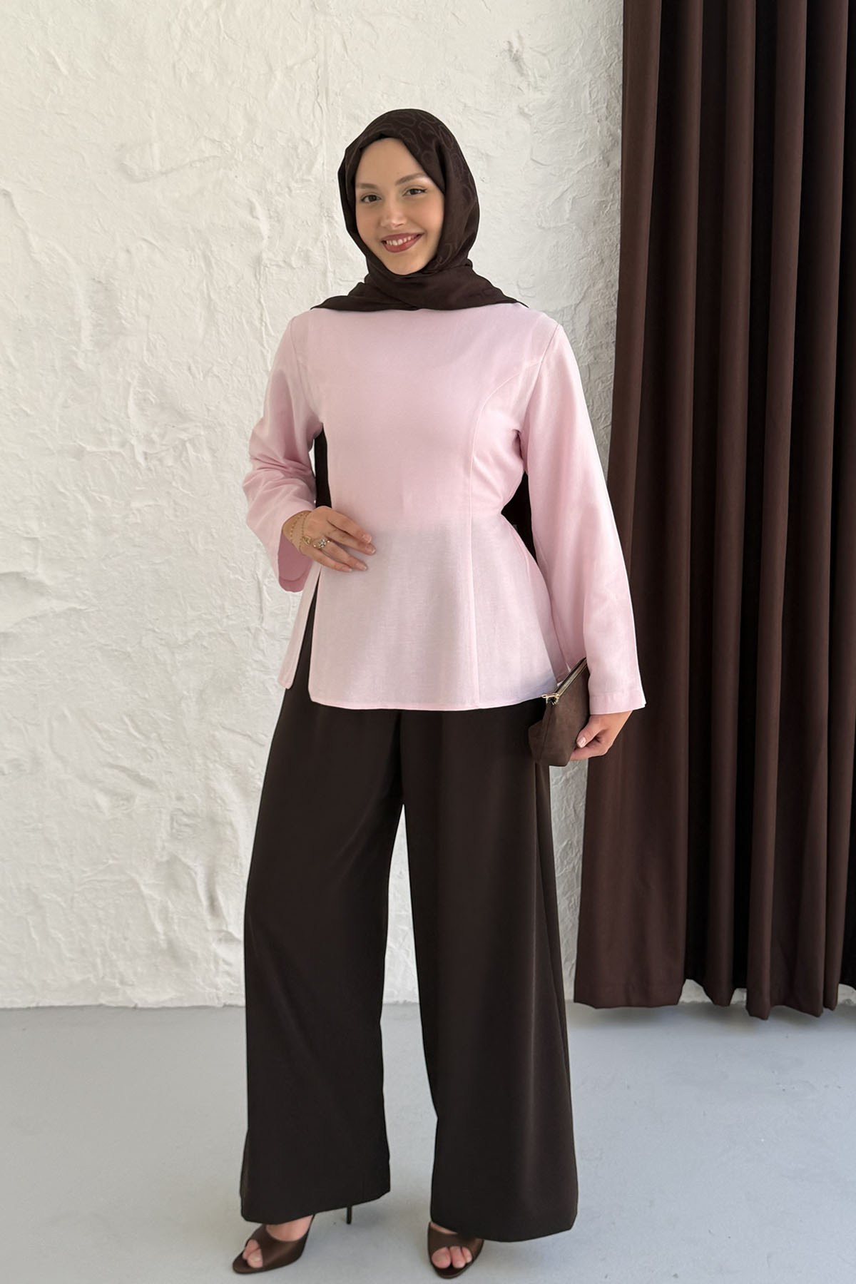 Yandan Yırtmaç Detay Biye Kemerli Tunik-PEMBE