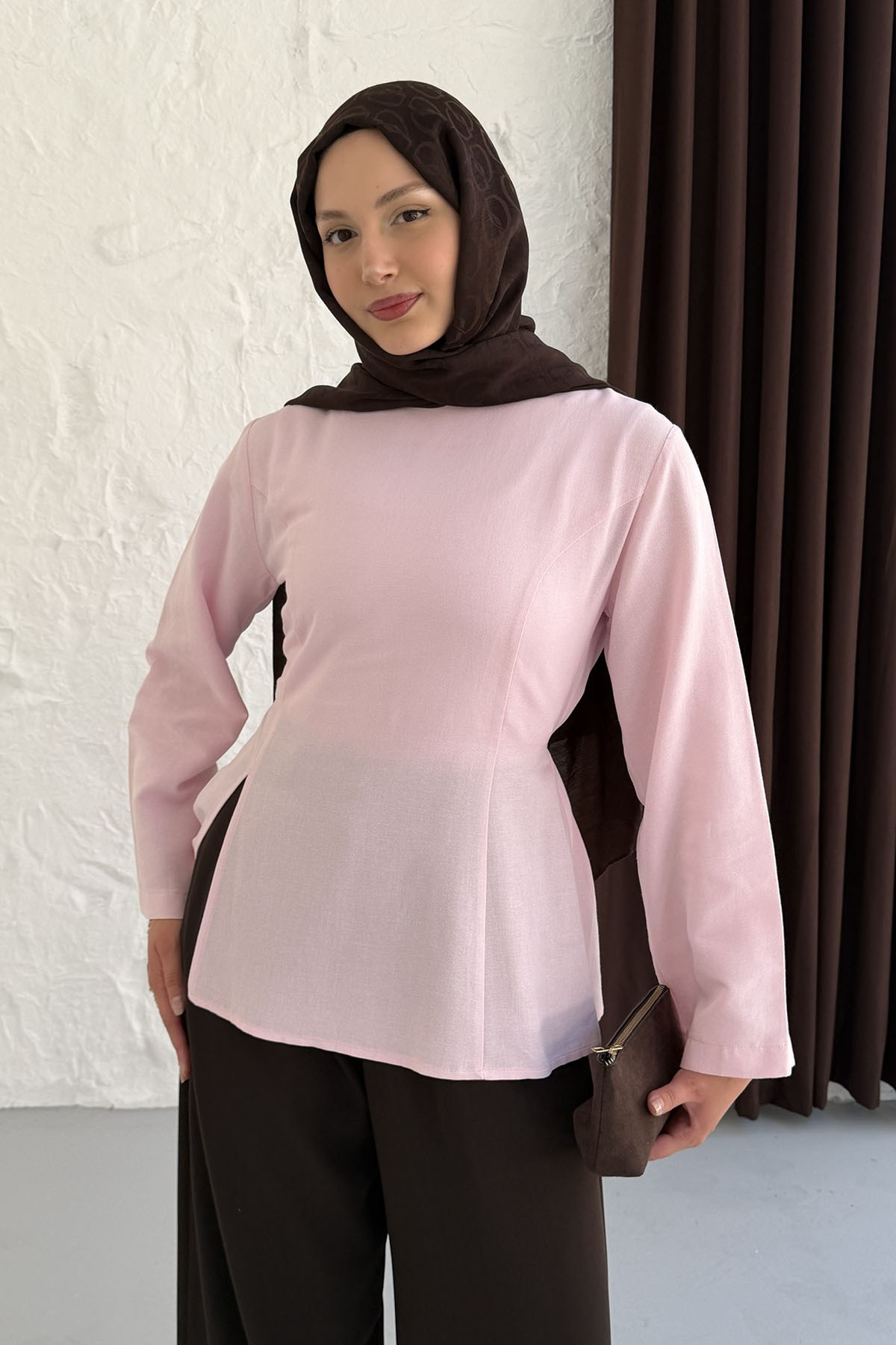 Yandan Yırtmaç Detay Biye Kemerli Tunik-PEMBE