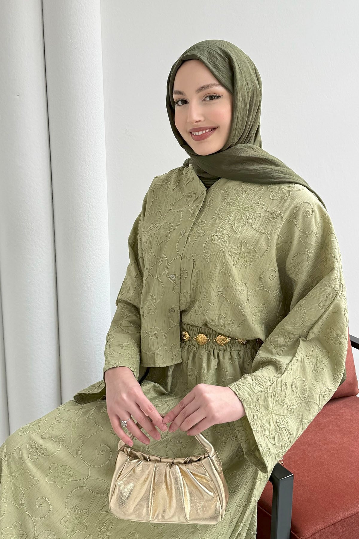 Yarasa Kol Kendinden Desenli Bel Lastikli Etekli Tesettür Takım-MİNT YEŞİLİ