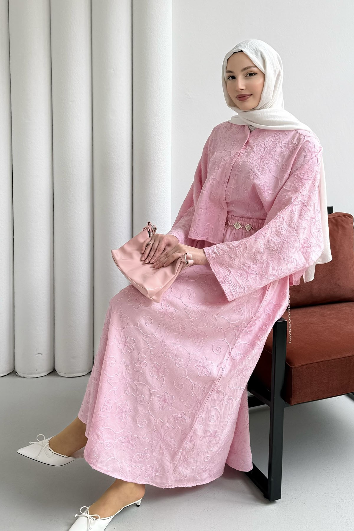 Yarasa Kol Kendinden Desenli Bel Lastikli Etekli Tesettür Takım-PEMBE