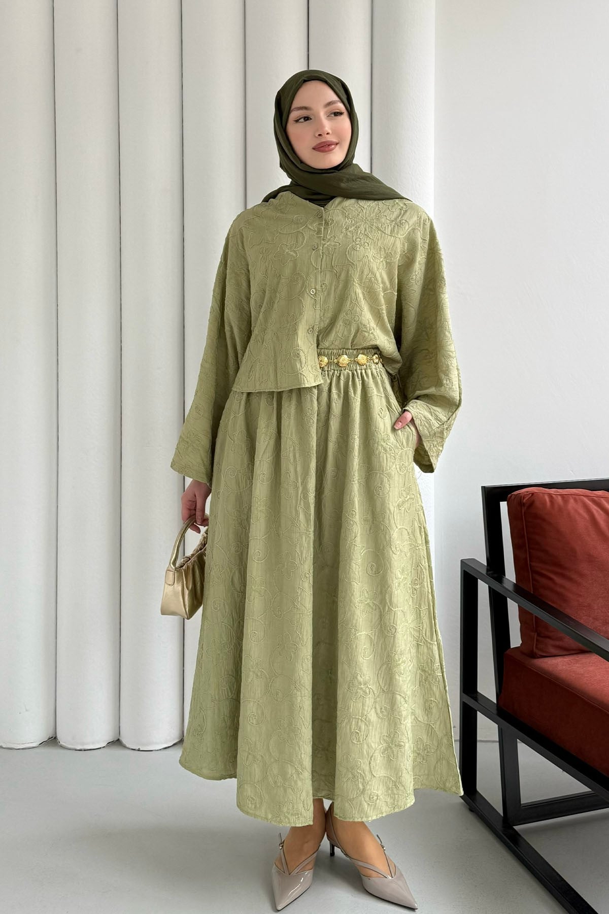 Yarasa Kol Kendinden Desenli Bel Lastikli Etekli Tesettür Takım-MİNT YEŞİLİ