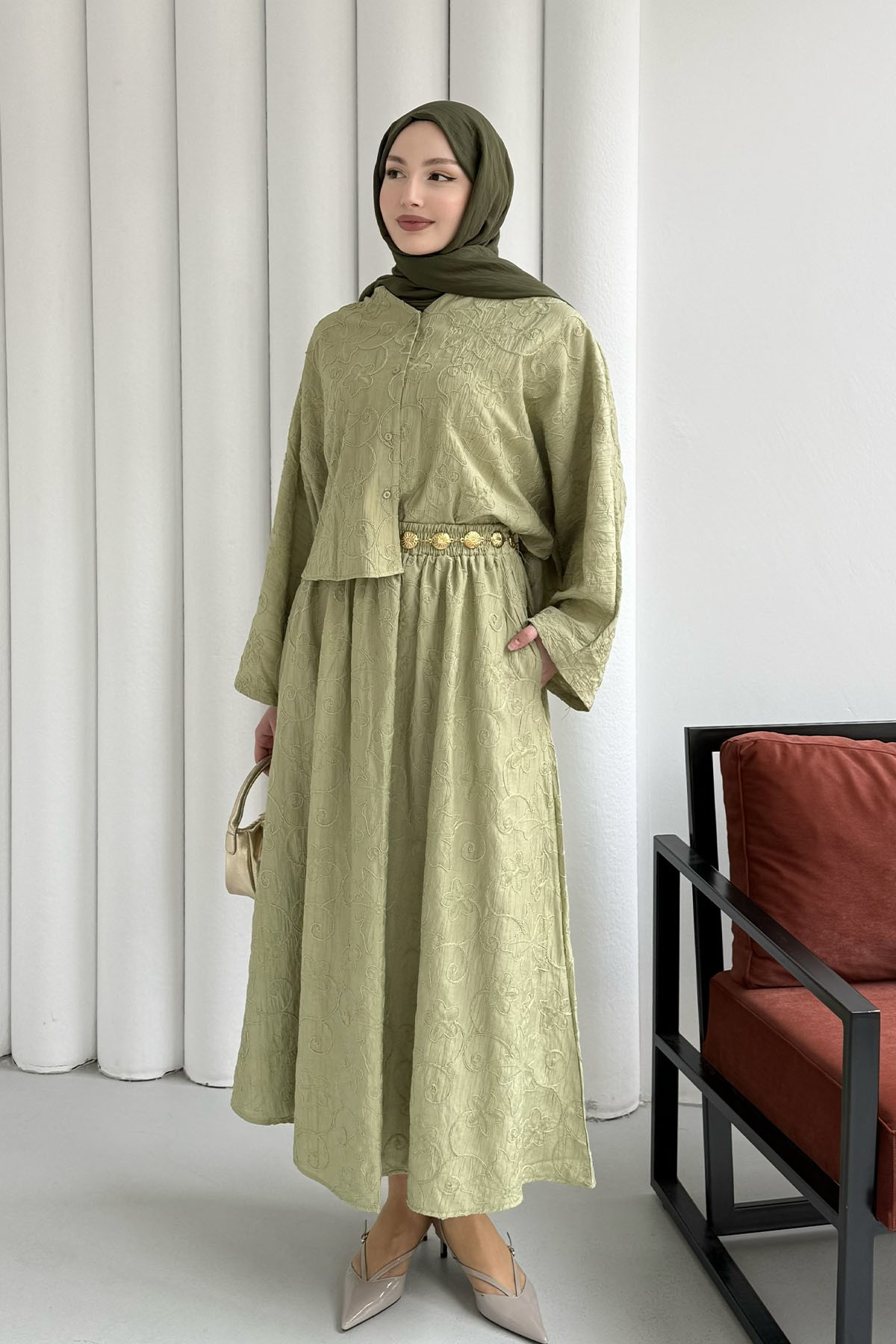 Yarasa Kol Kendinden Desenli Bel Lastikli Etekli Tesettür Takım-MİNT YEŞİLİ