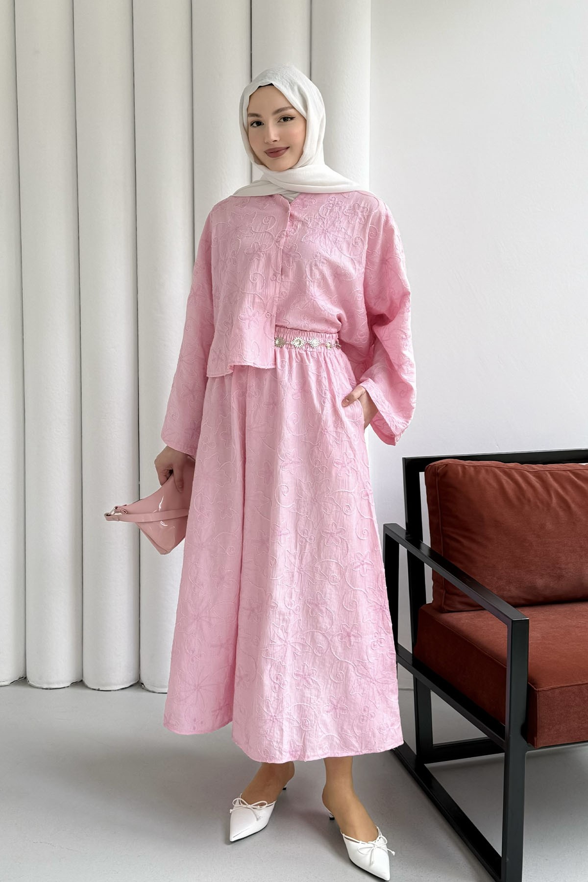Yarasa Kol Kendinden Desenli Bel Lastikli Etekli Tesettür Takım-PEMBE