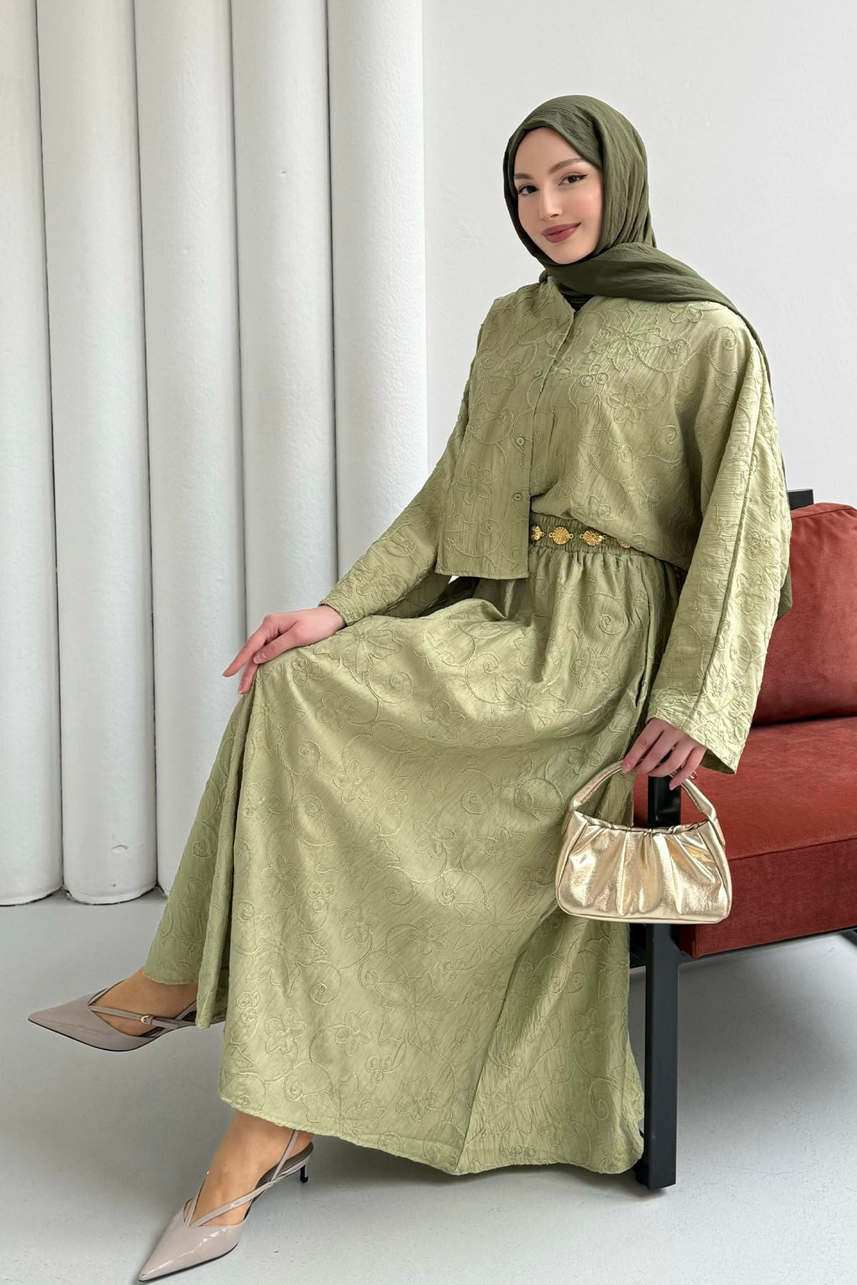 Yarasa Kol Kendinden Desenli Bel Lastikli Etekli Tesettür Takım-MİNT YEŞİLİ