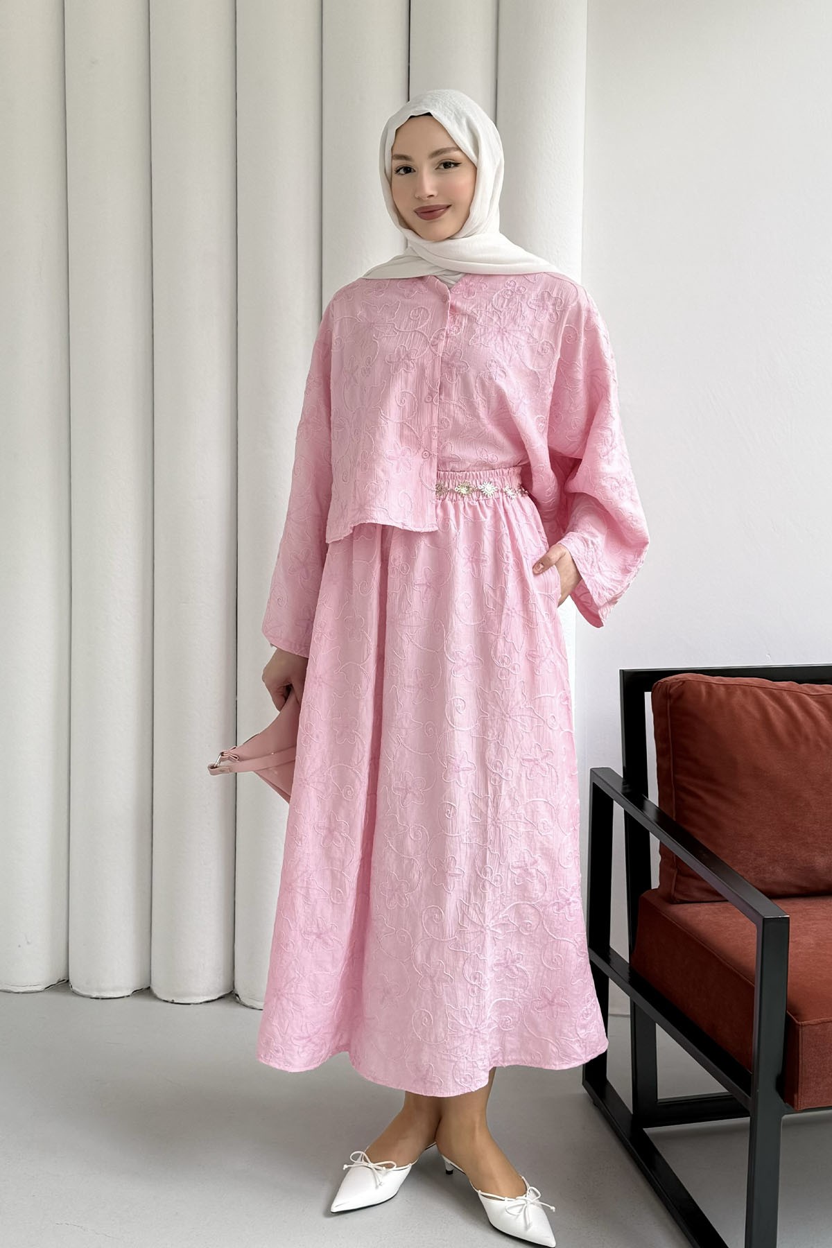 Yarasa Kol Kendinden Desenli Bel Lastikli Etekli Tesettür Takım-PEMBE