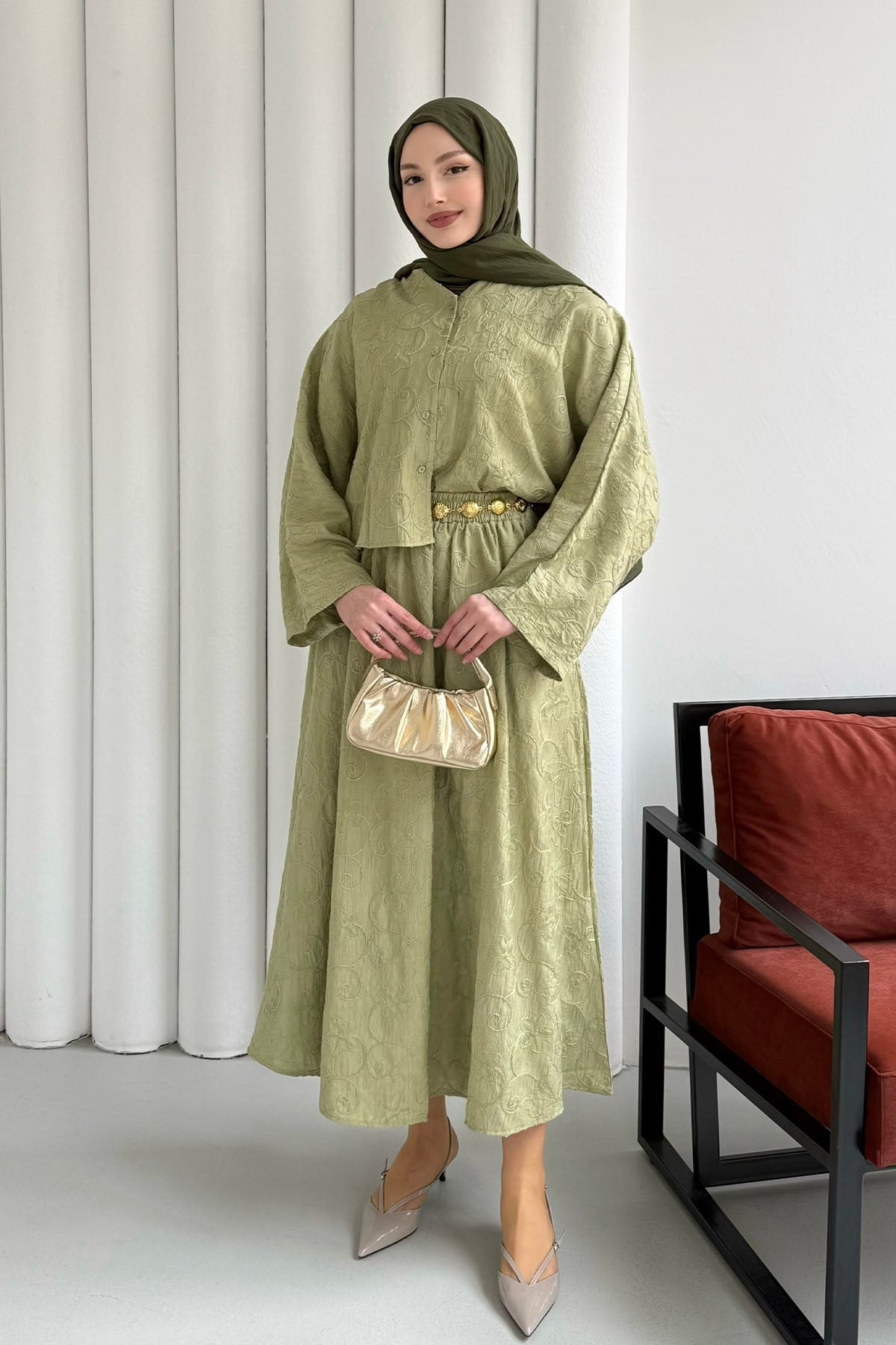 Yarasa Kol Kendinden Desenli Bel Lastikli Etekli Tesettür Takım-MİNT YEŞİLİ