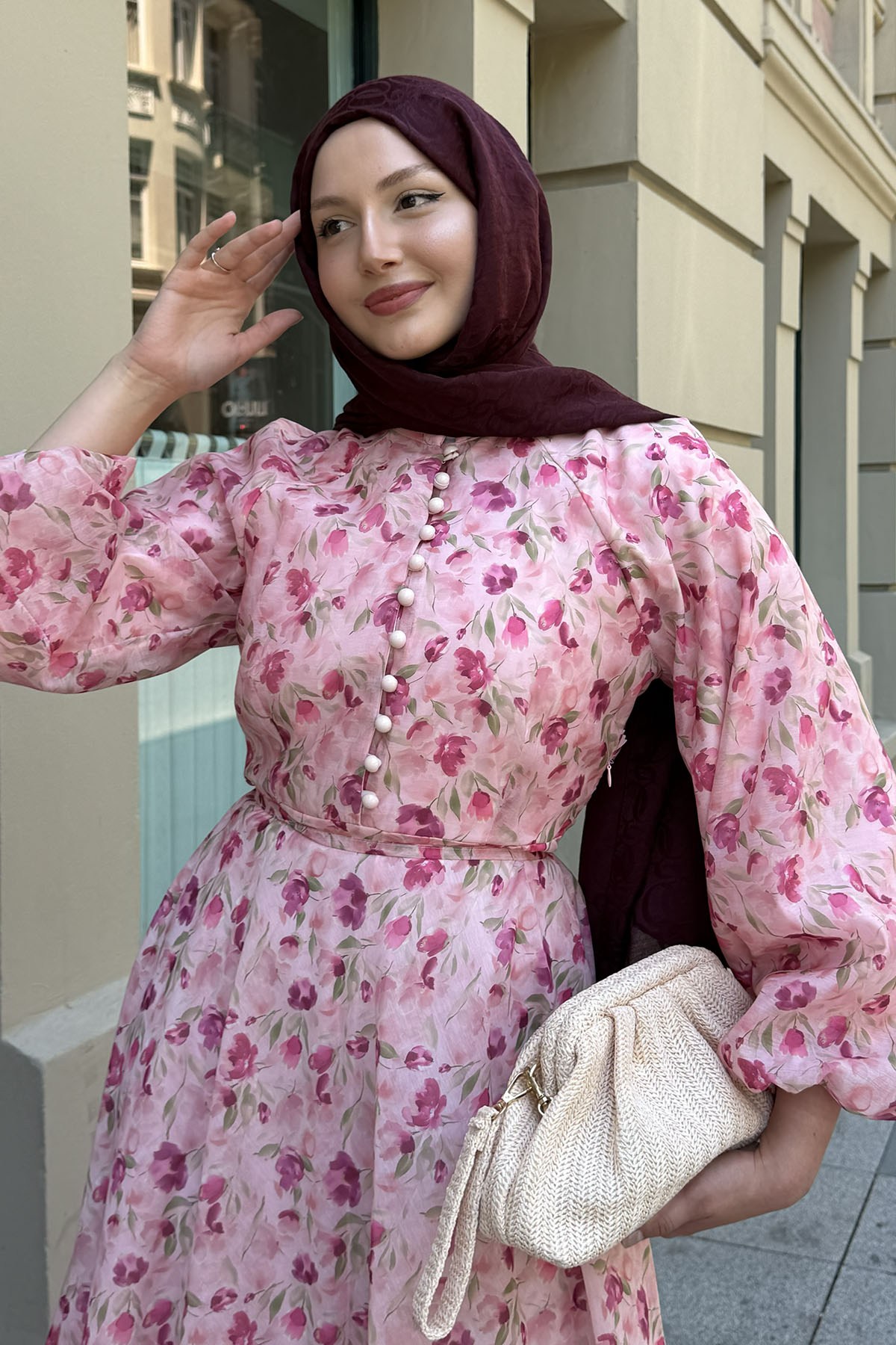 Yarım Düğme Detay Otantik Tesettür Elbise-PEMBE