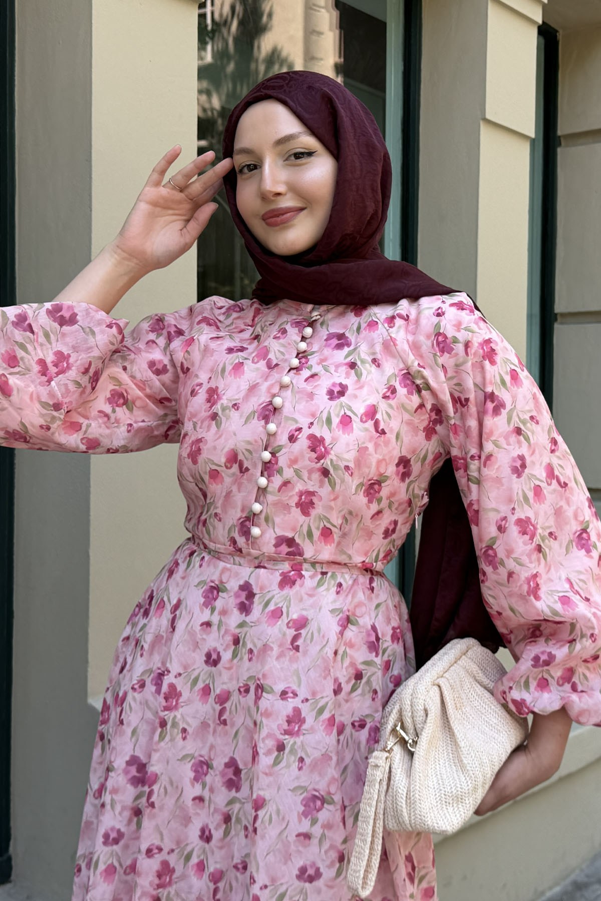 Yarım Düğme Detay Otantik Tesettür Elbise-PEMBE