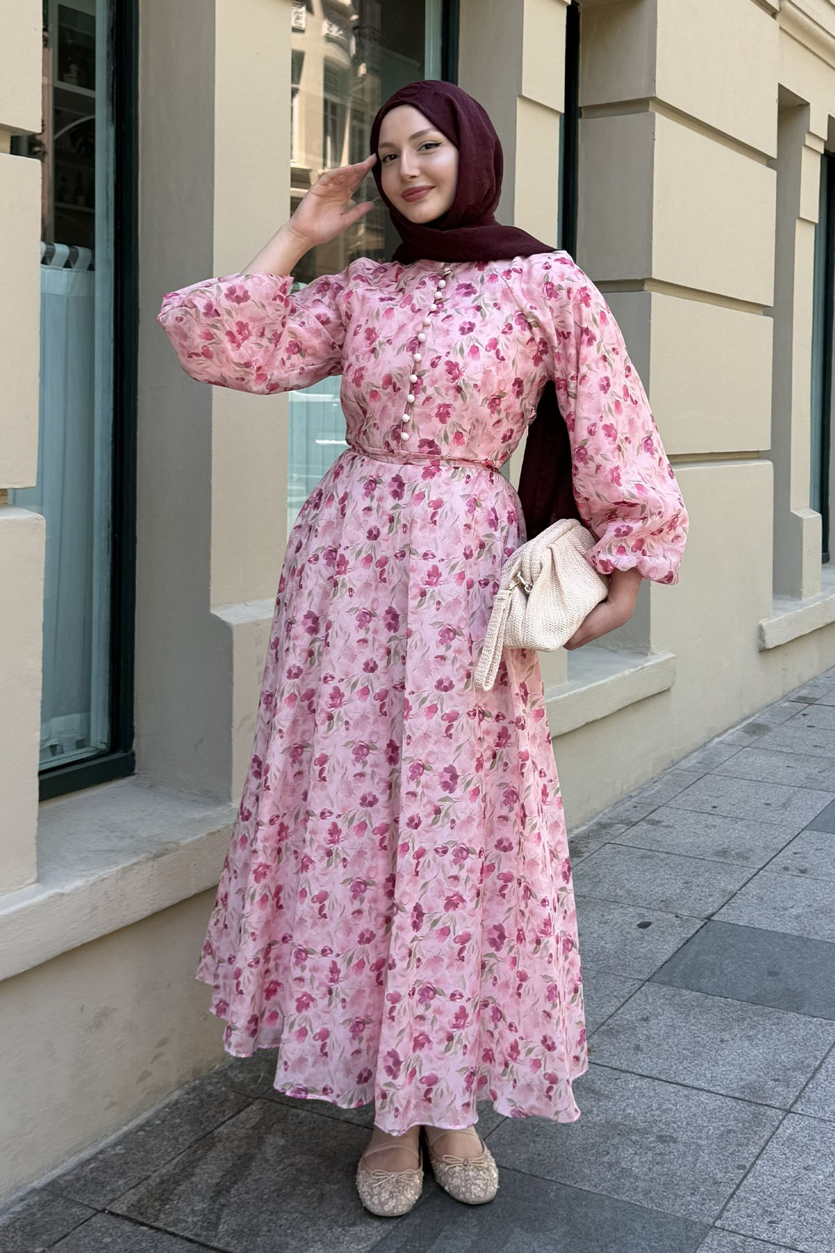 Yarım Düğme Detay Otantik Tesettür Elbise-PEMBE