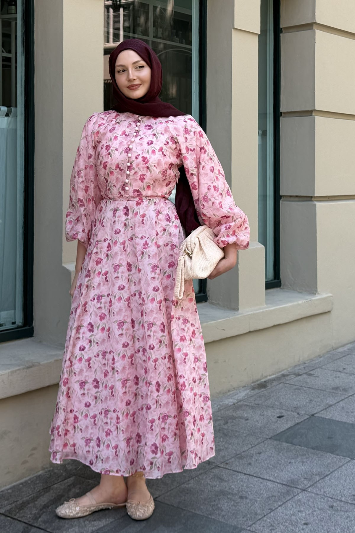 Yarım Düğme Detay Otantik Tesettür Elbise-PEMBE