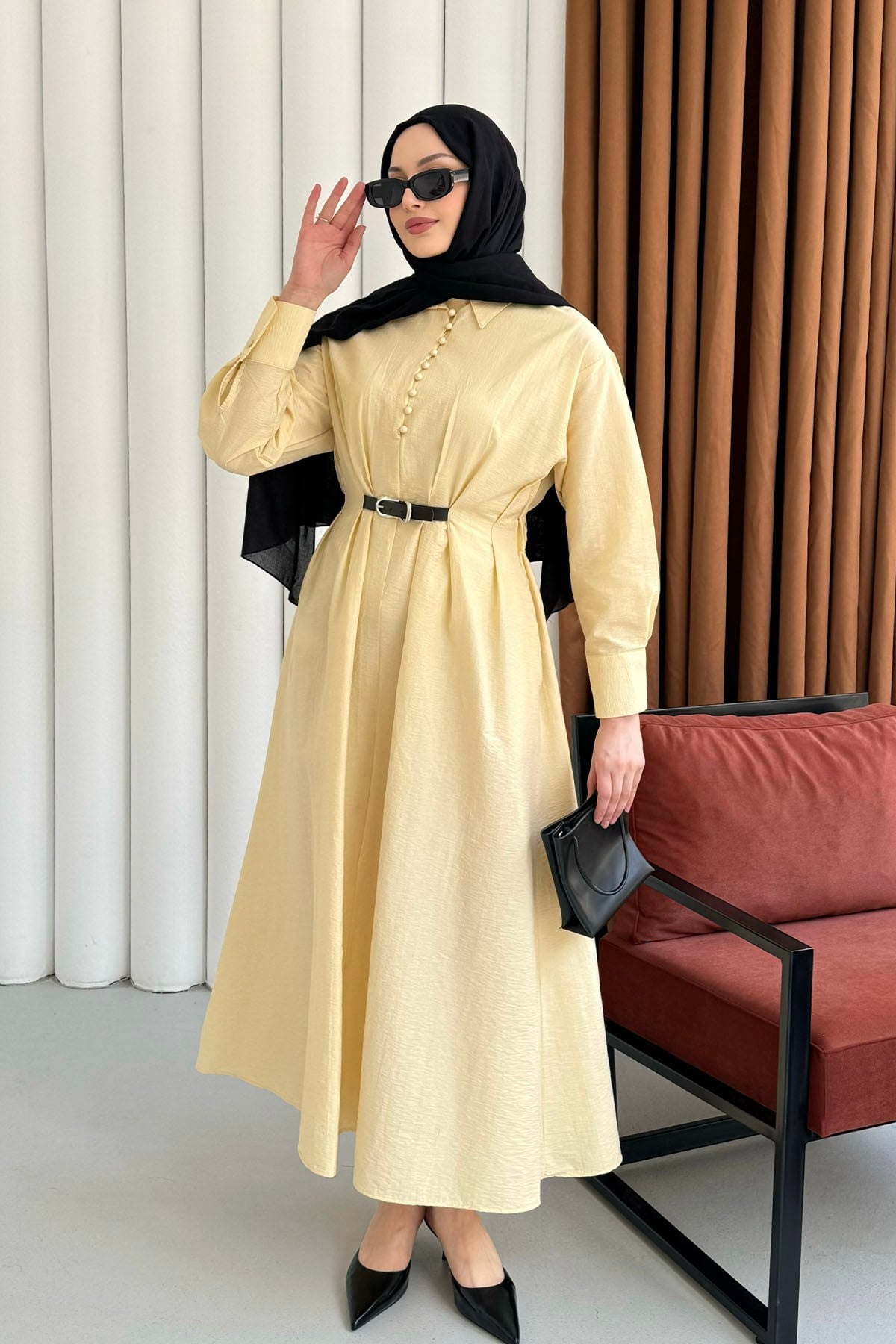 Yarım Düğmeli Bele Oturan Kemer Detaylı Tesettür Elbise-SARI