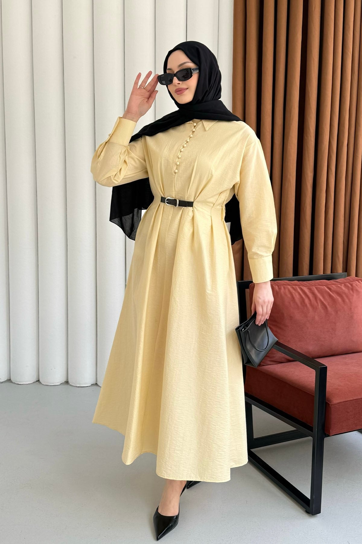 Yarım Düğmeli Bele Oturan Kemer Detaylı Tesettür Elbise-SARI