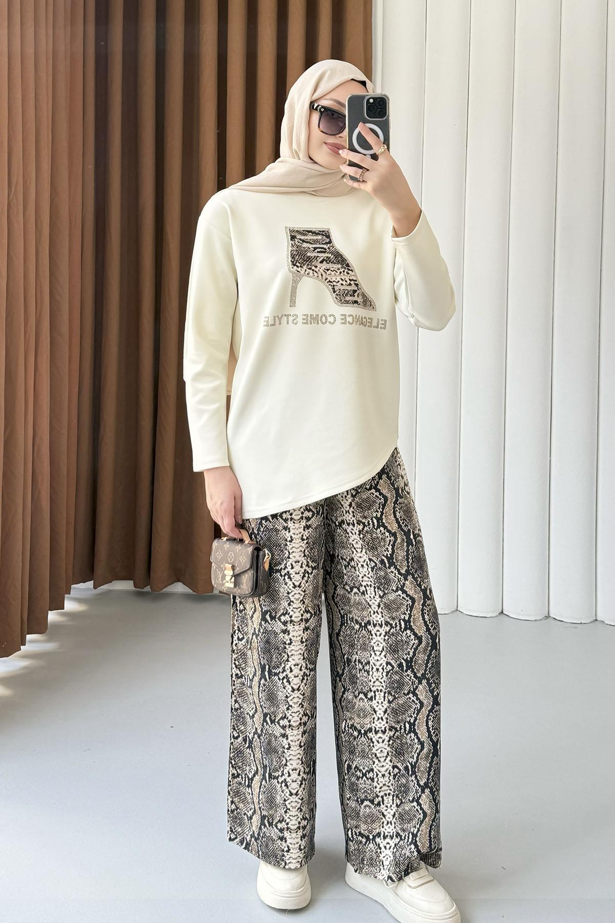 Yazı Baskılı Asimetrik Kesim Pantolonlu Tesettür Takım-EKRU