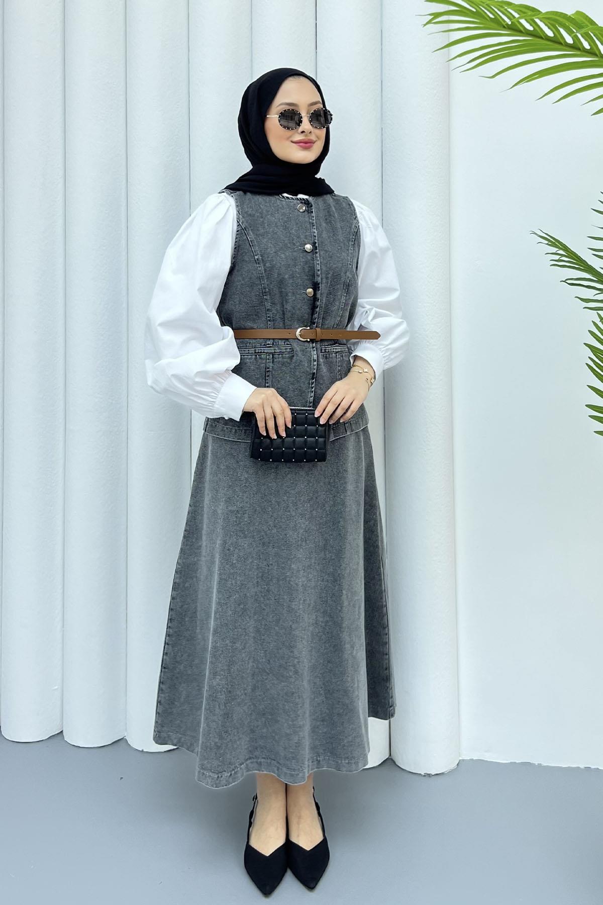 Yeleği Kemerli Denim Etekli Tesettür Takım-ANTRASİT
