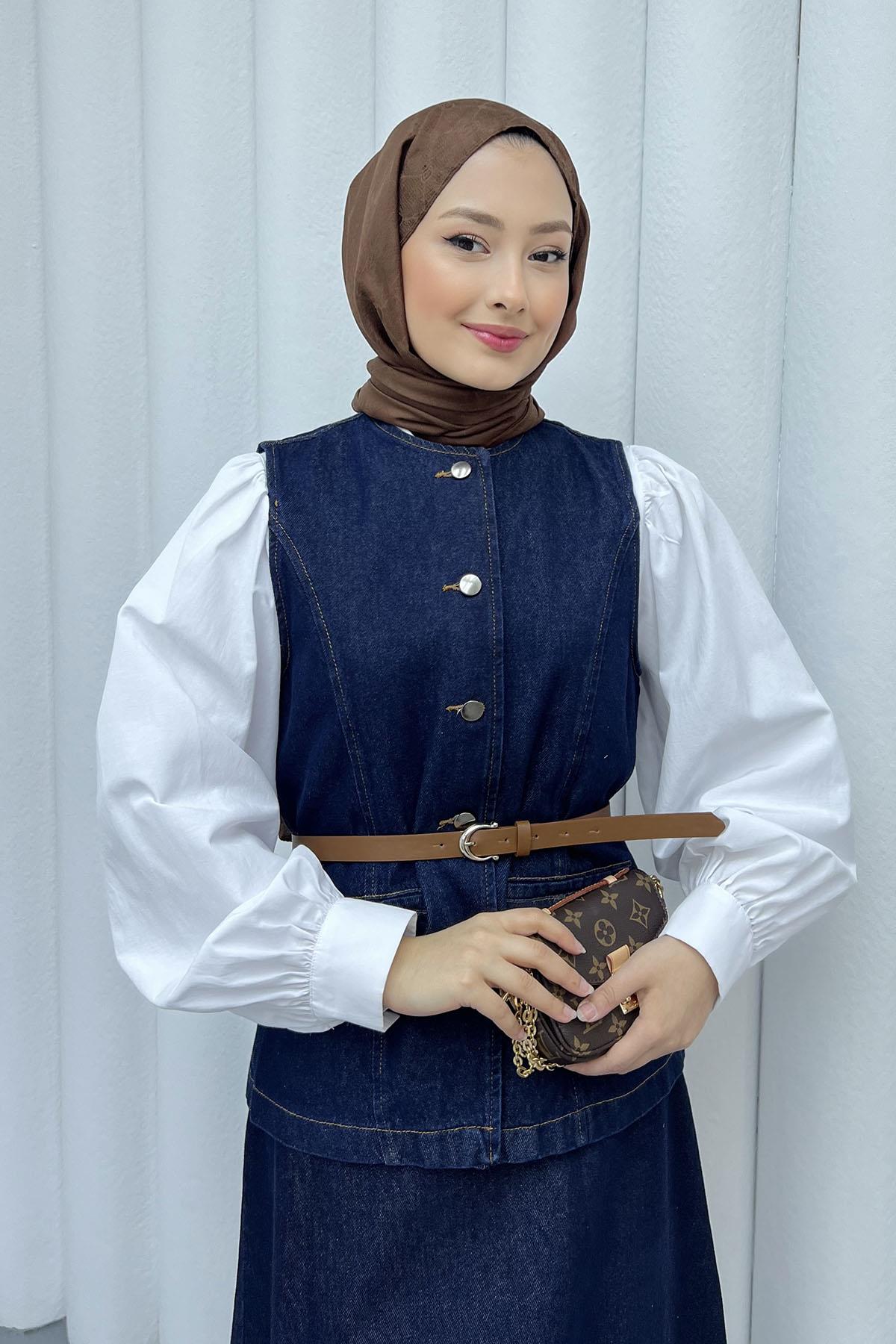Yeleği Kemerli Denim Etekli Tesettür Takım-KOYU MAVİ