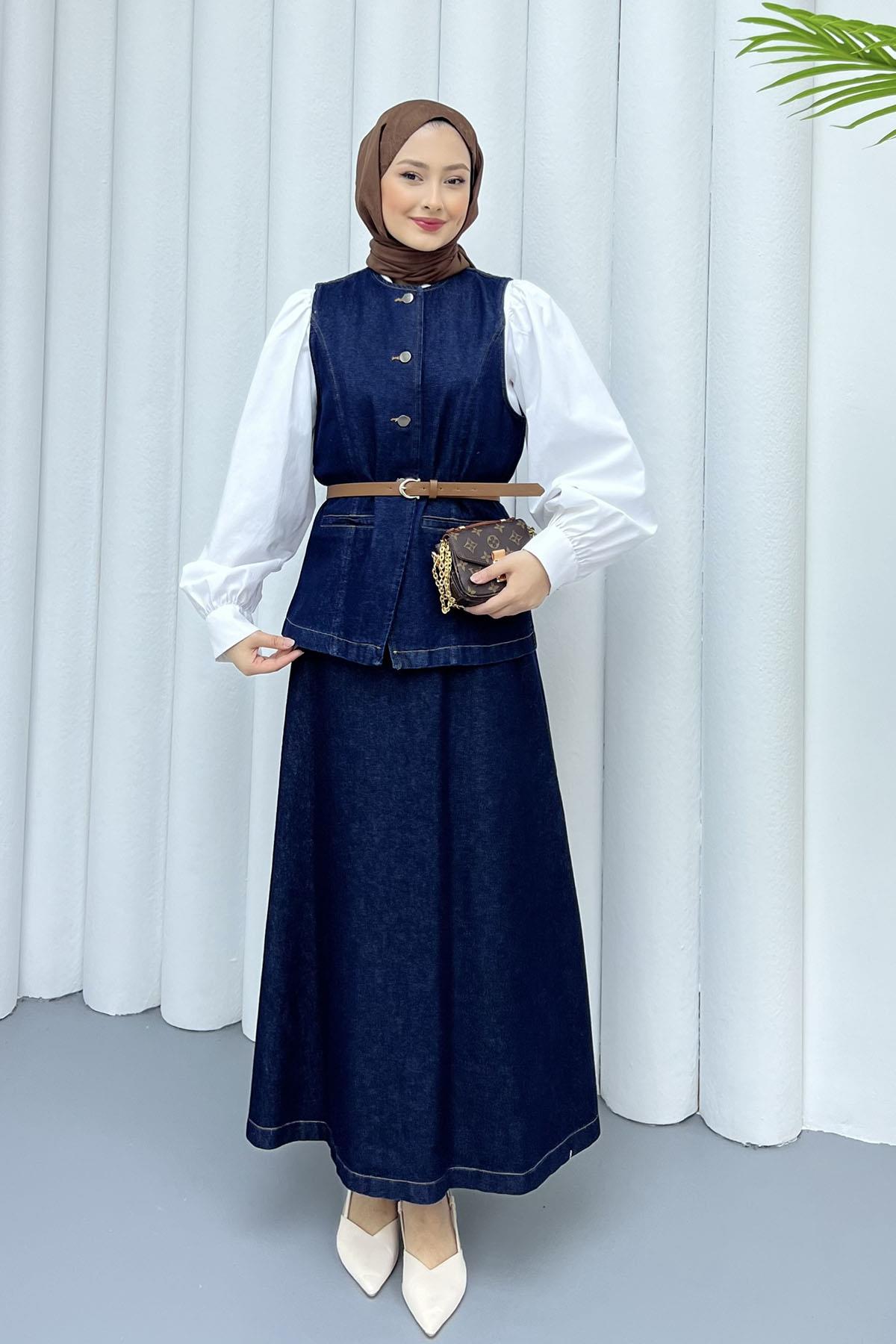 Yeleği Kemerli Denim Etekli Tesettür Takım-KOYU MAVİ