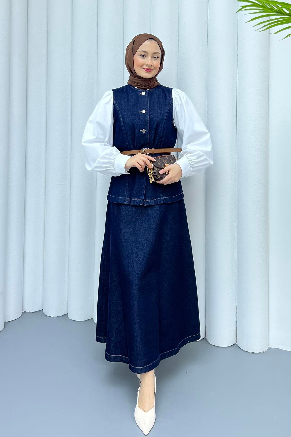 Yeleği Kemerli Denim Etekli Tesettür Takım-KOYU MAVİ