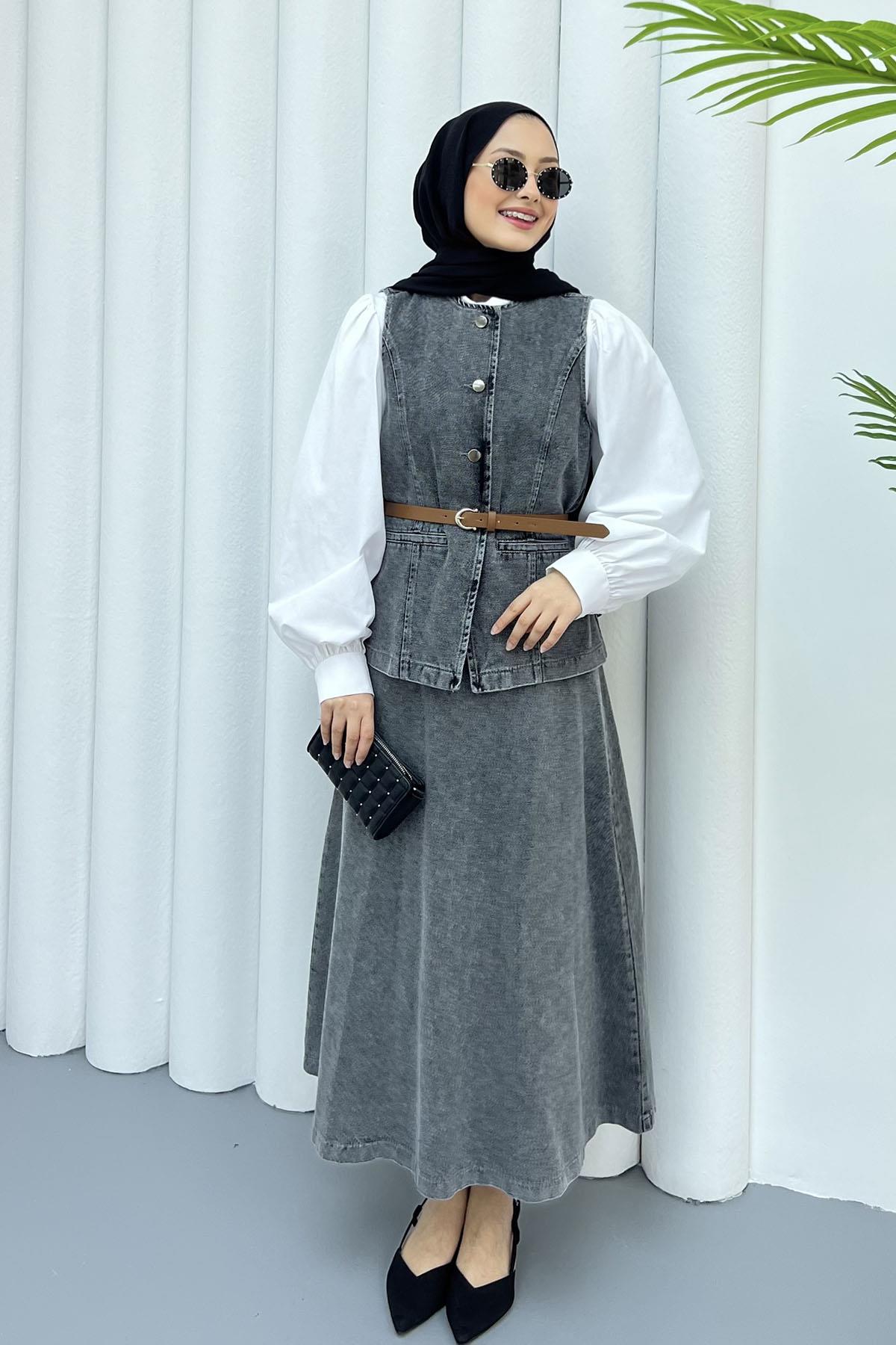 Yeleği Kemerli Denim Etekli Tesettür Takım-ANTRASİT