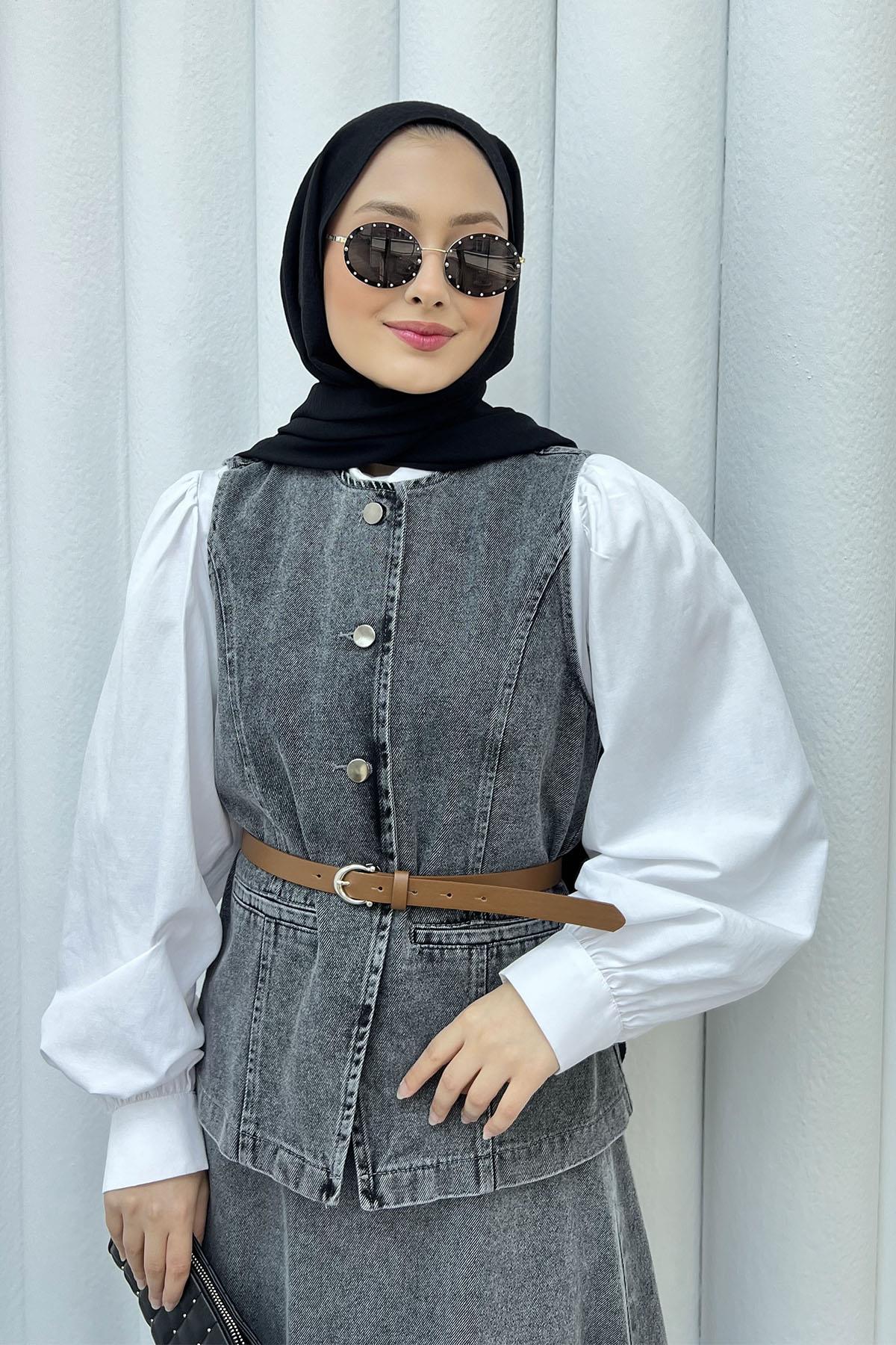 Yeleği Kemerli Denim Etekli Tesettür Takım-ANTRASİT