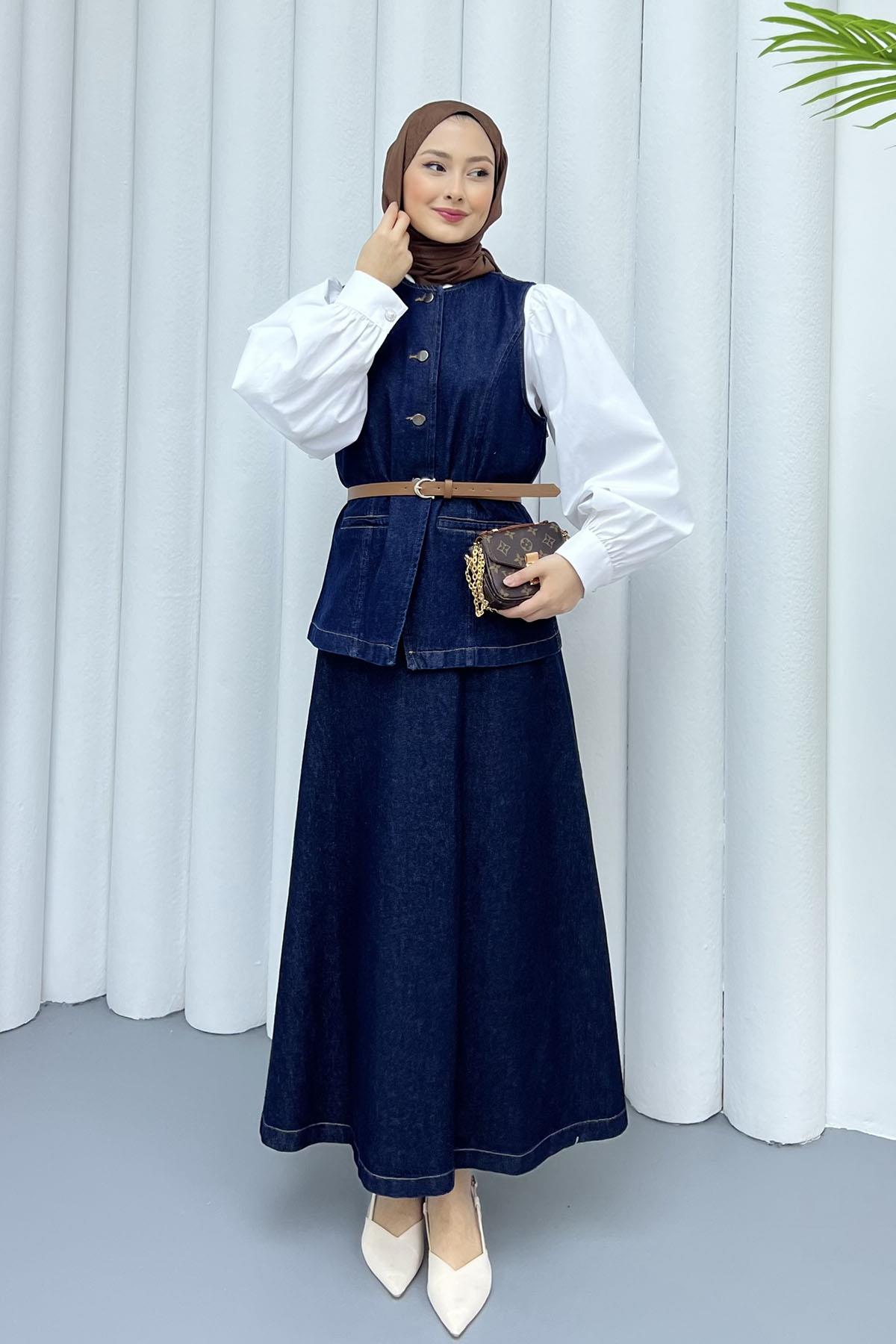 Yeleği Kemerli Denim Etekli Tesettür Takım-KOYU MAVİ