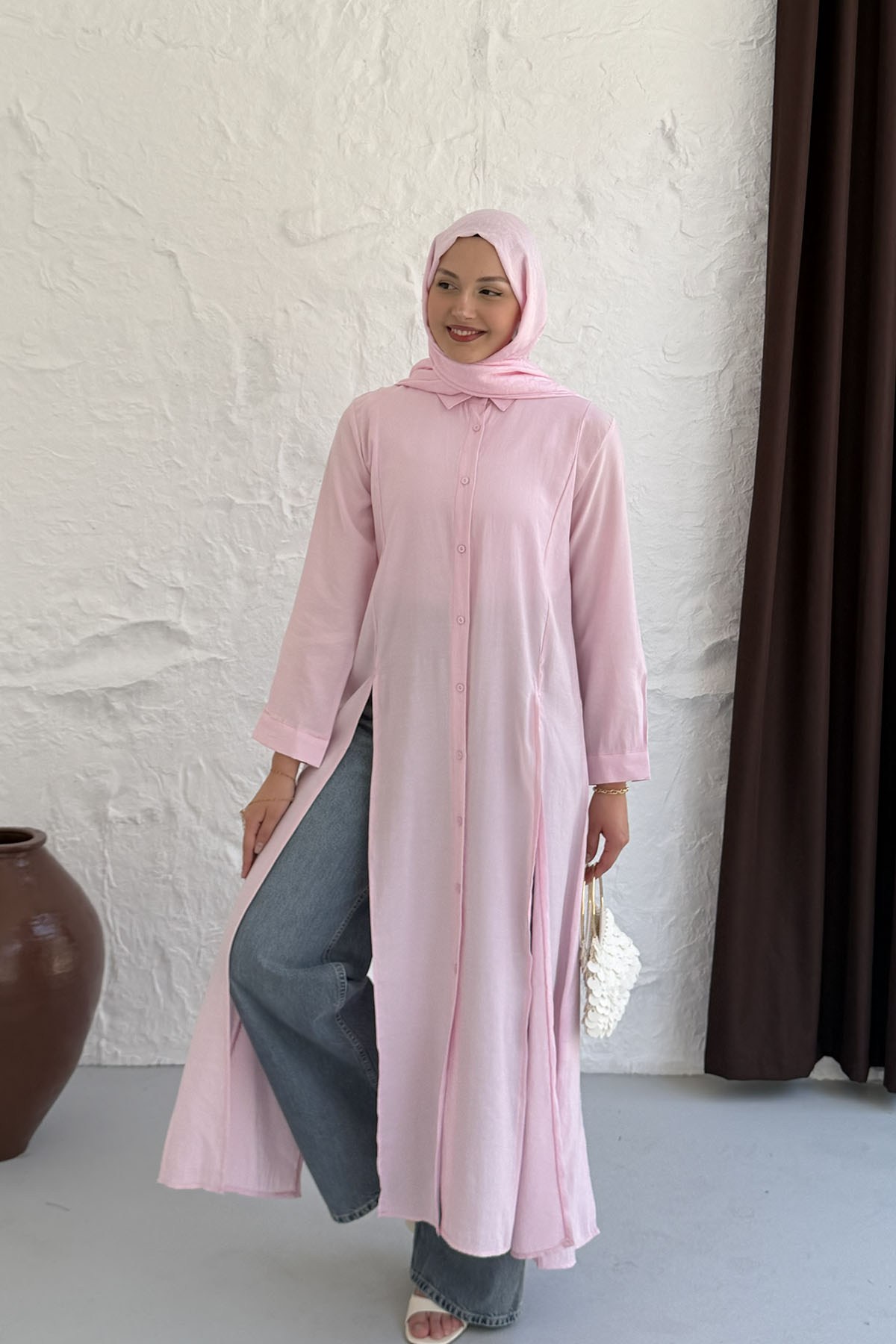 Yırtmaç Detaylı Boydan Düğmeli Tasarım Tunik-PEMBE