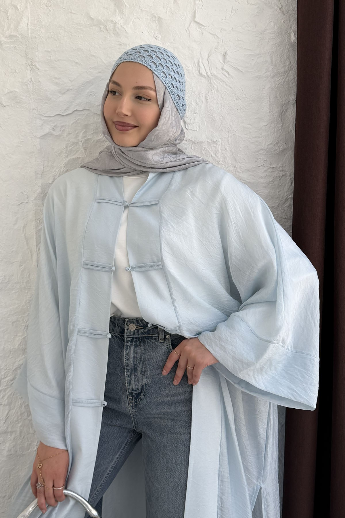 Yırtmaç Detaylı Süslü Düğmeli Kimono-BEBE MAVİ