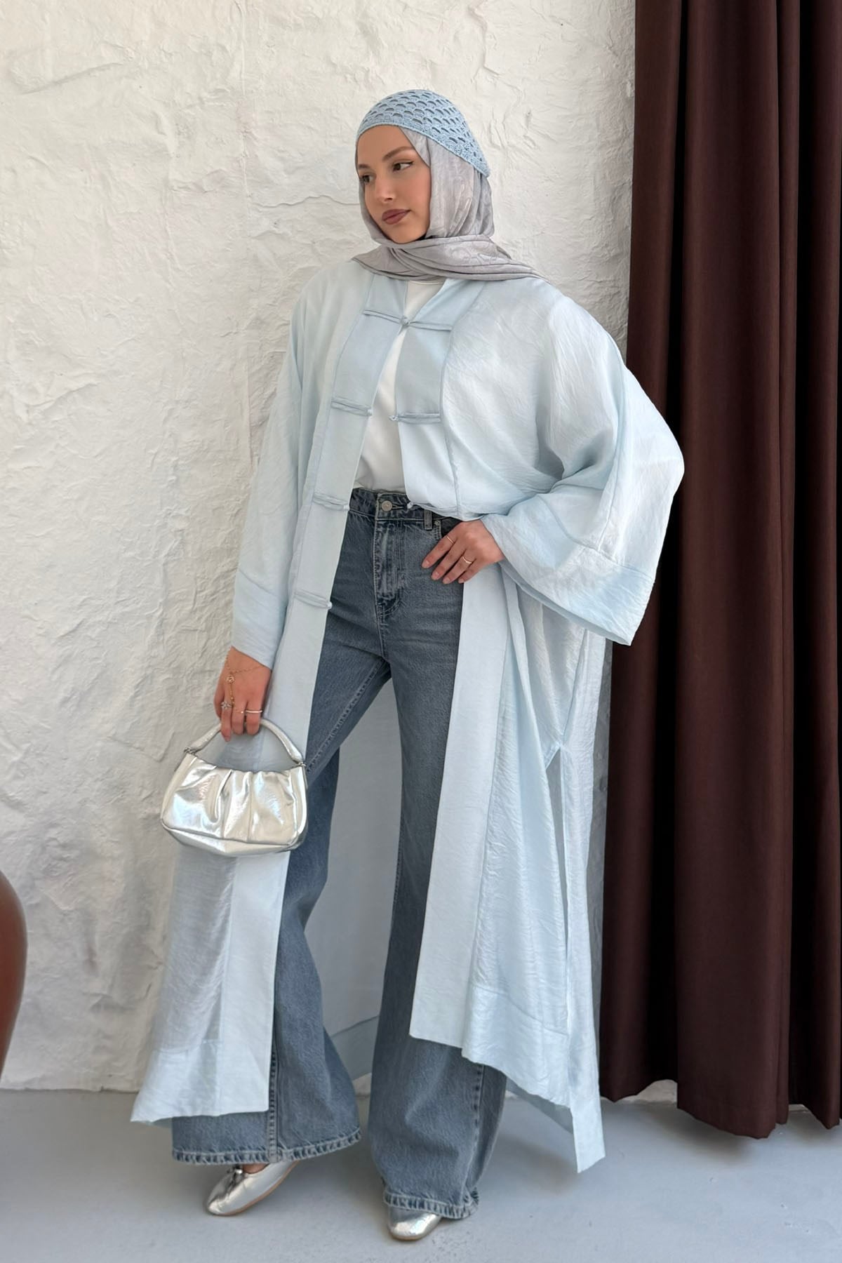 Yırtmaç Detaylı Süslü Düğmeli Kimono-BEBE MAVİ