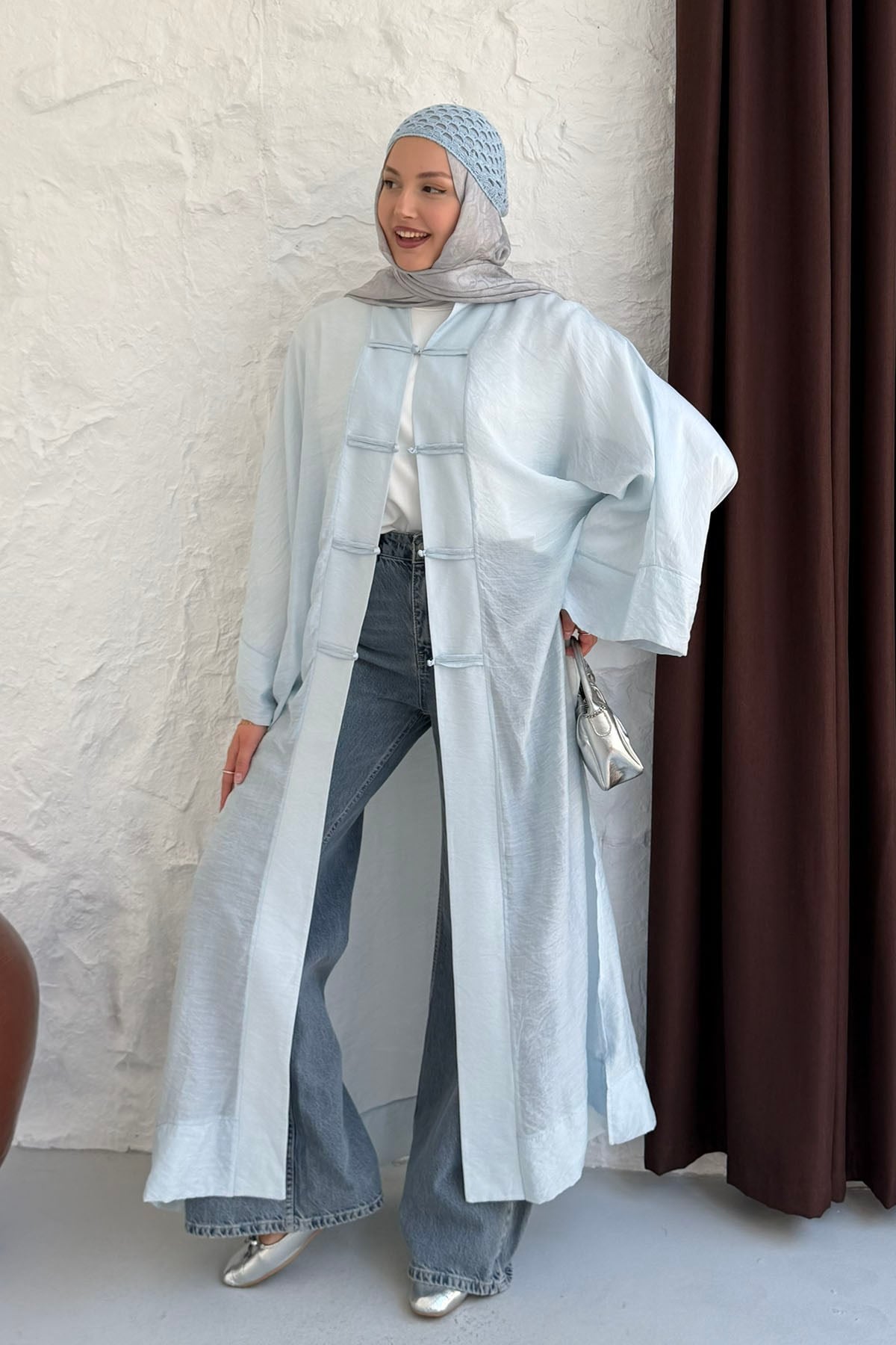 Yırtmaç Detaylı Süslü Düğmeli Kimono-BEBE MAVİ