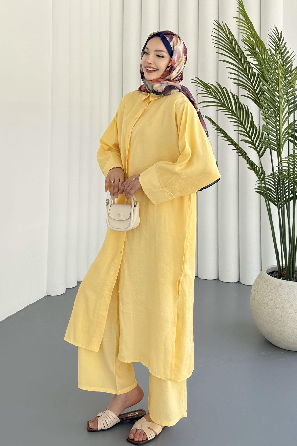 Yırtmaç Detaylı Tunik Pantolon Tesettür Takım-SARI