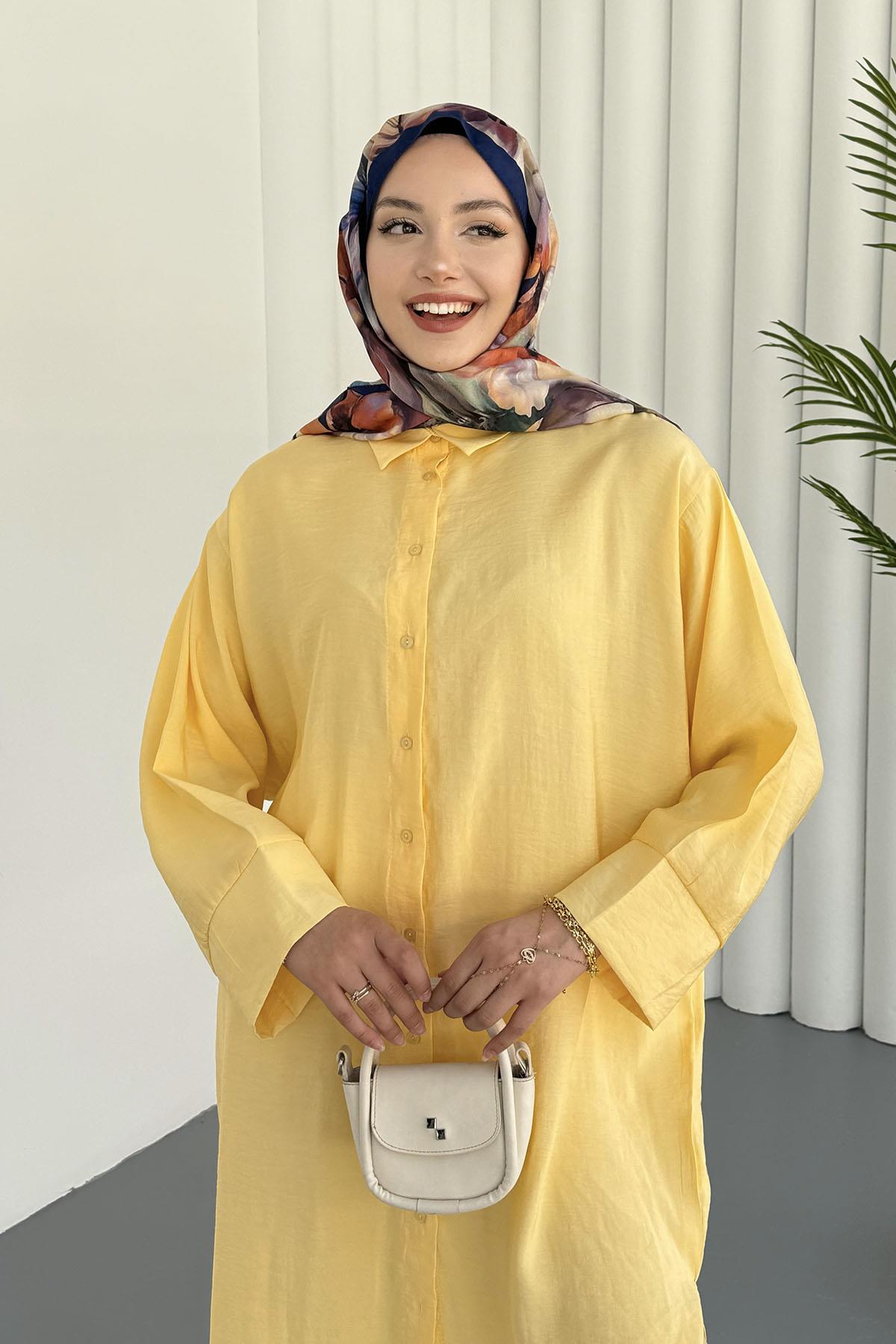 Yırtmaç Detaylı Tunik Pantolon Tesettür Takım-SARI