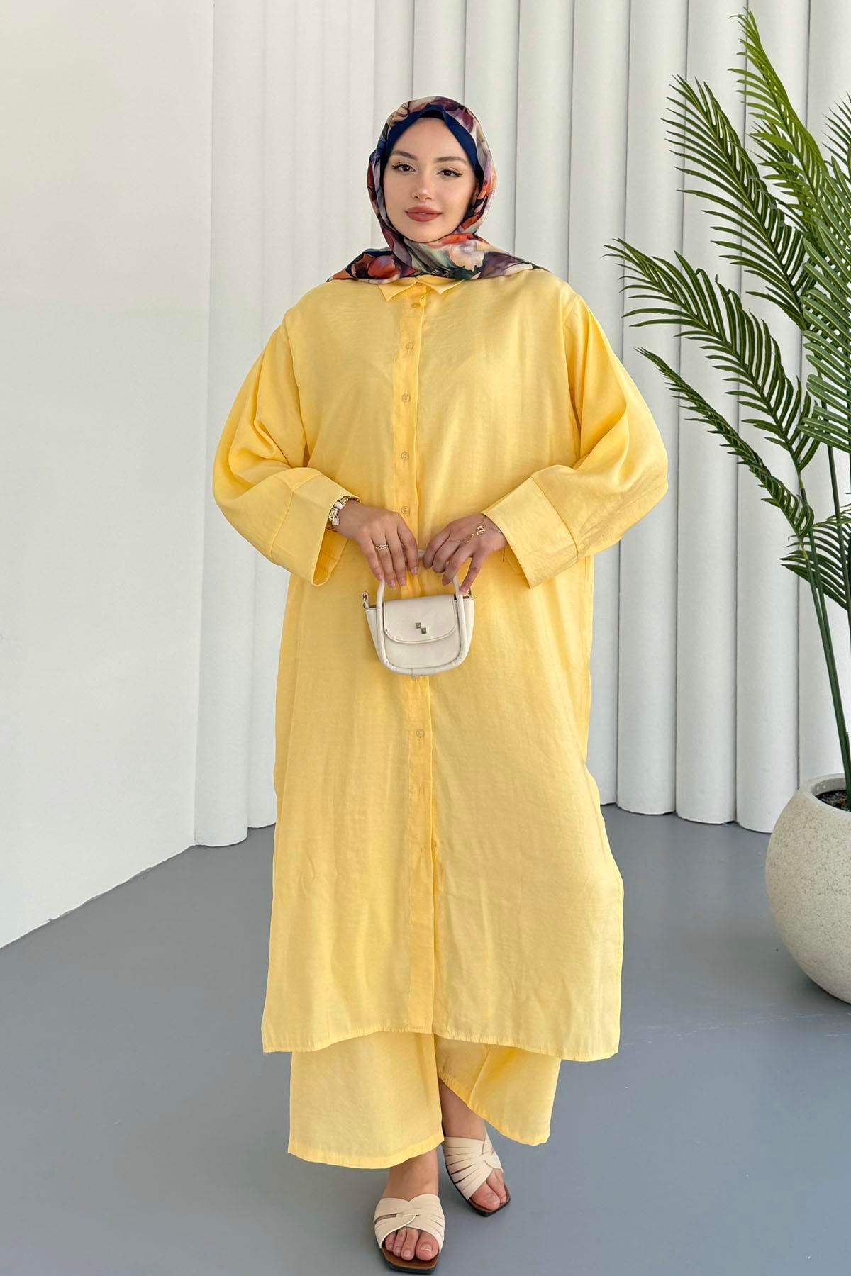 Yırtmaç Detaylı Tunik Pantolon Tesettür Takım-SARI