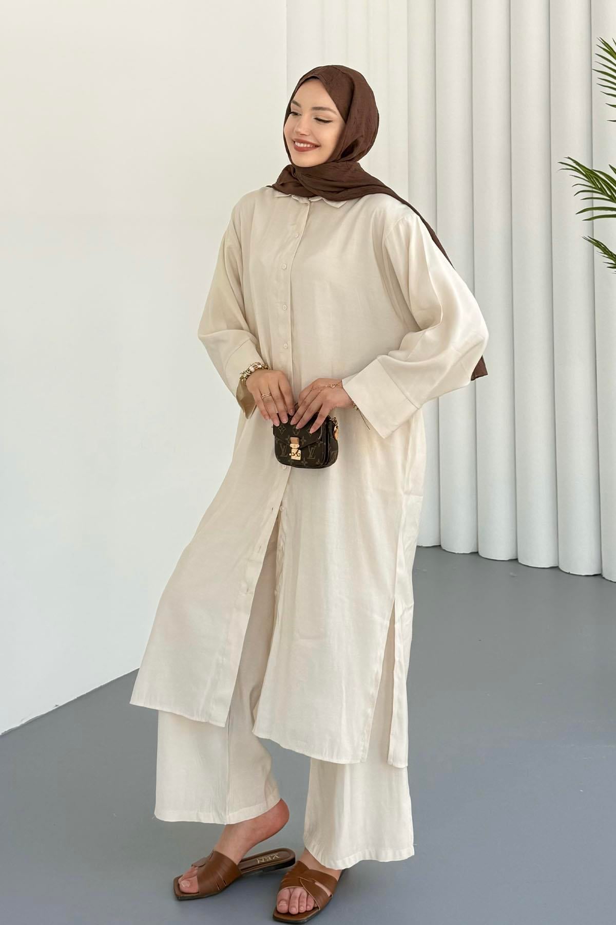 Yırtmaç Detaylı Tunik Pantolon Tesettür Takım-BEJ