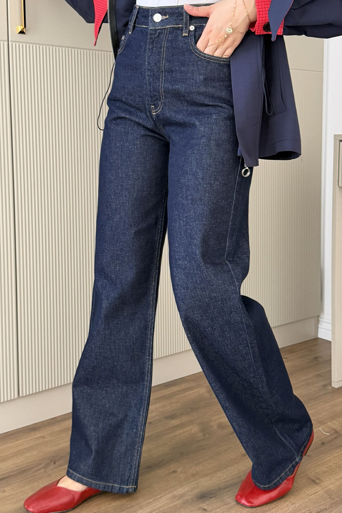 Yüksek Bel Düz Kesim Denim Pantolon-KOYU MAVİ
