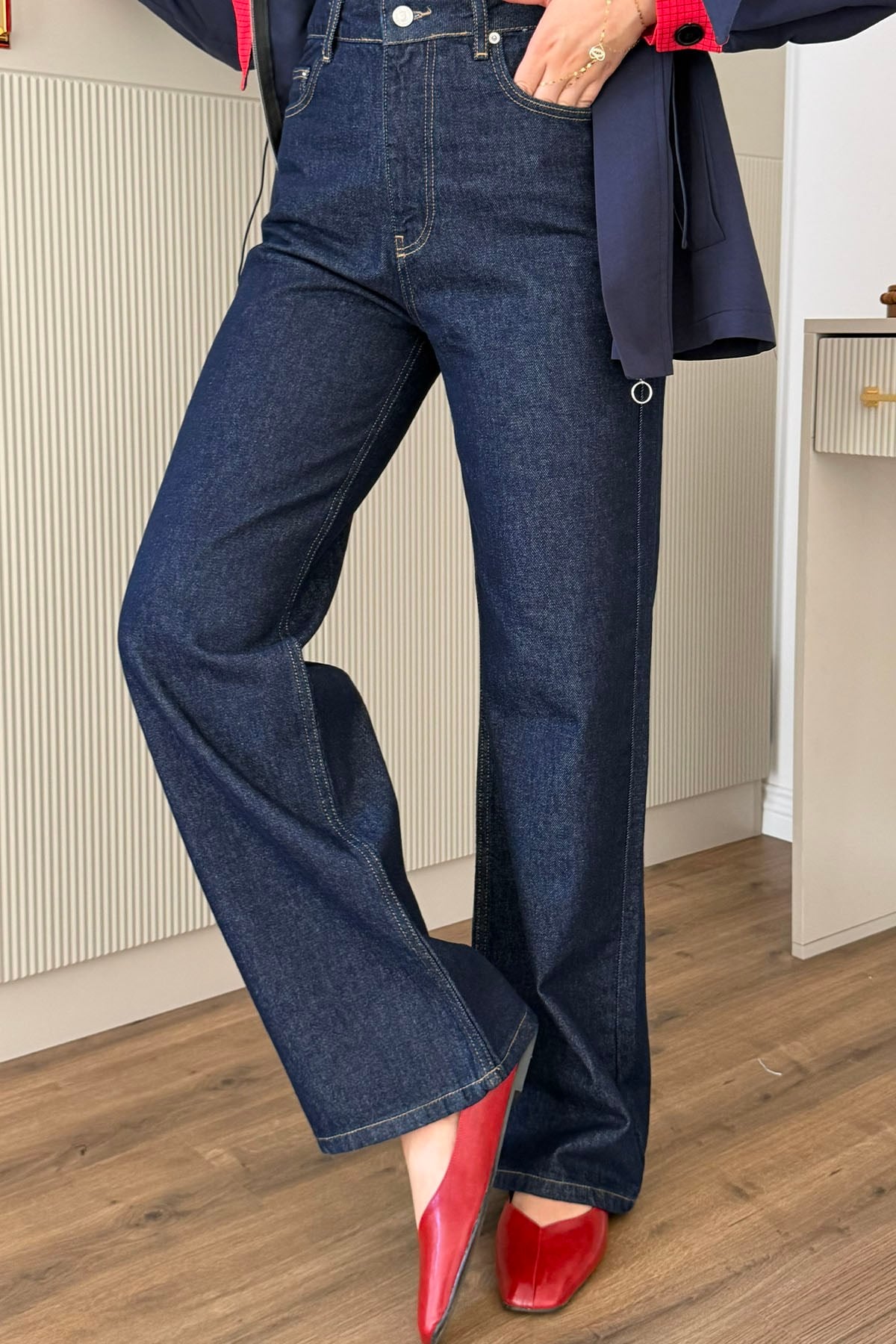 Yüksek Bel Düz Kesim Denim Pantolon-KOYU MAVİ
