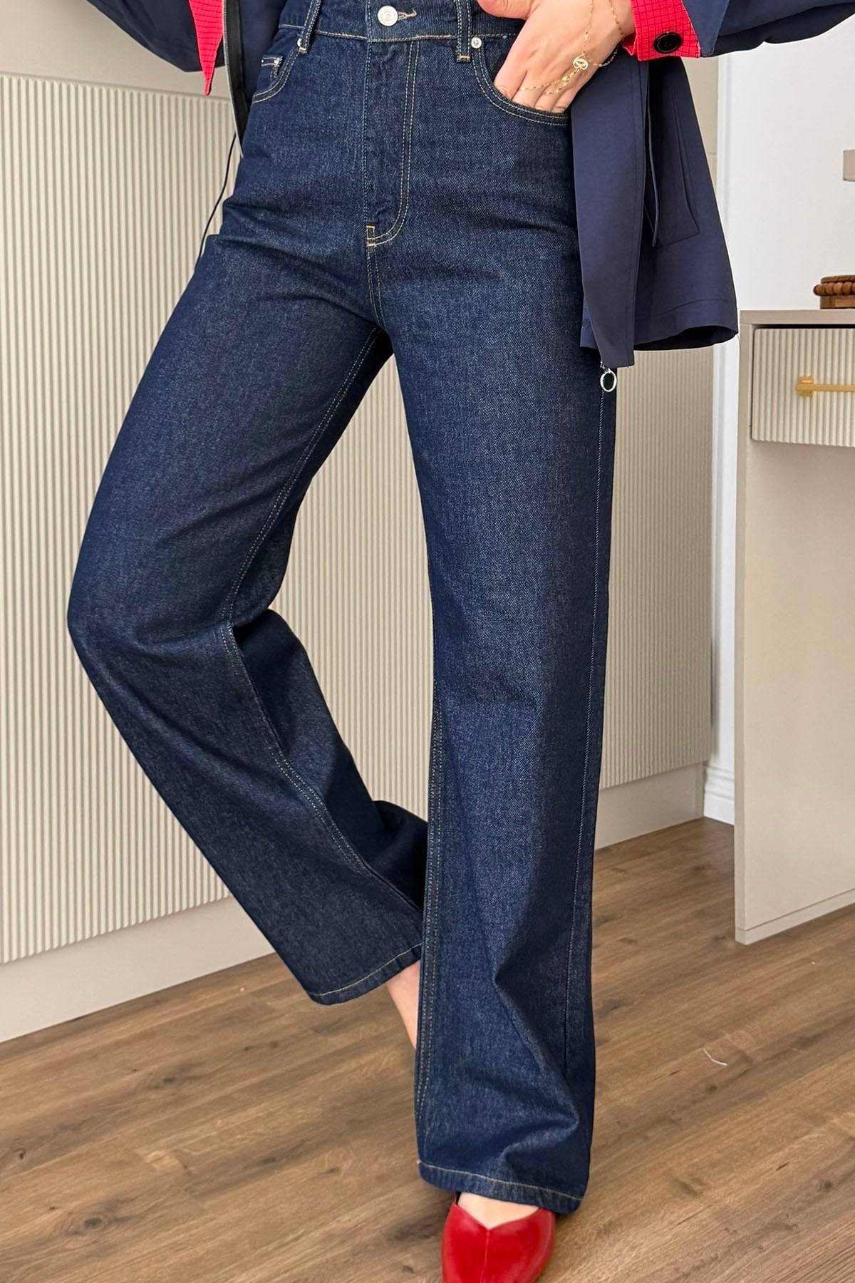 Yüksek Bel Düz Kesim Denim Pantolon-KOYU MAVİ