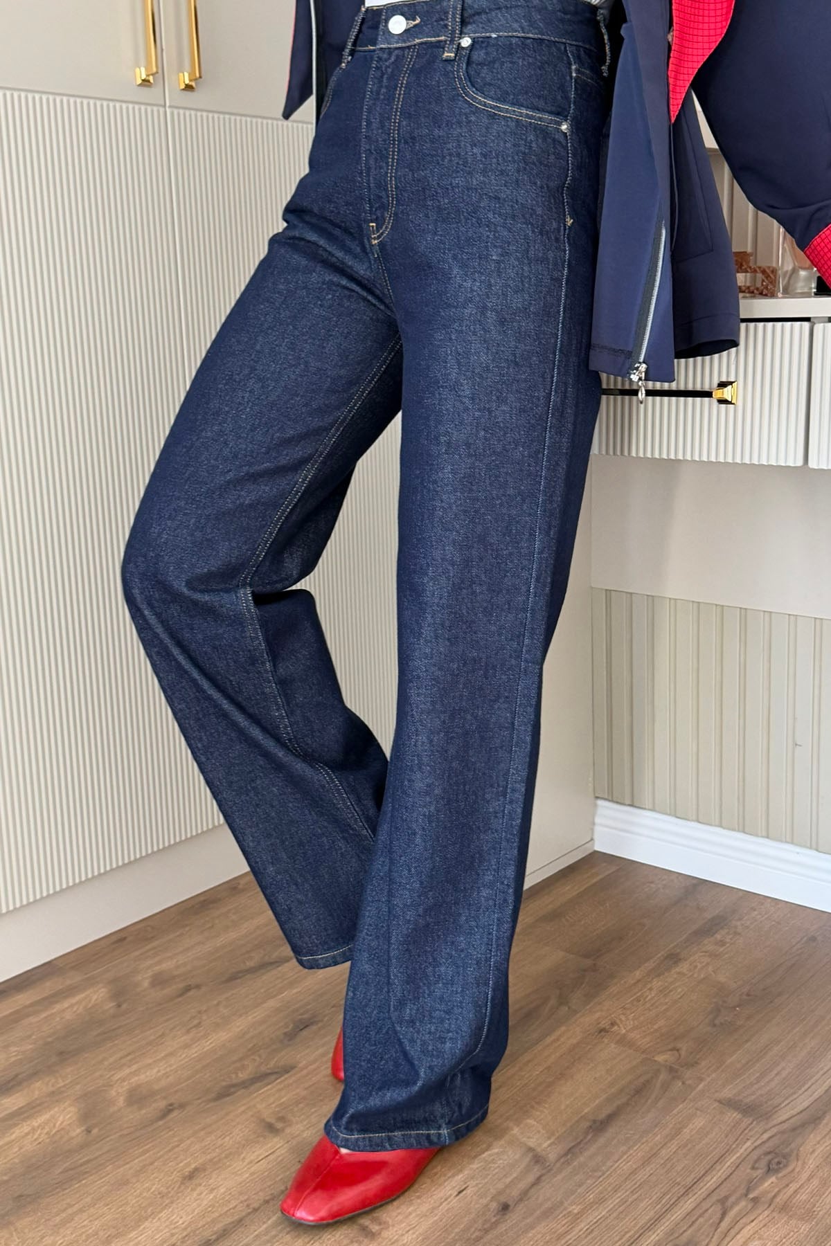 Yüksek Bel Düz Kesim Denim Pantolon-KOYU MAVİ