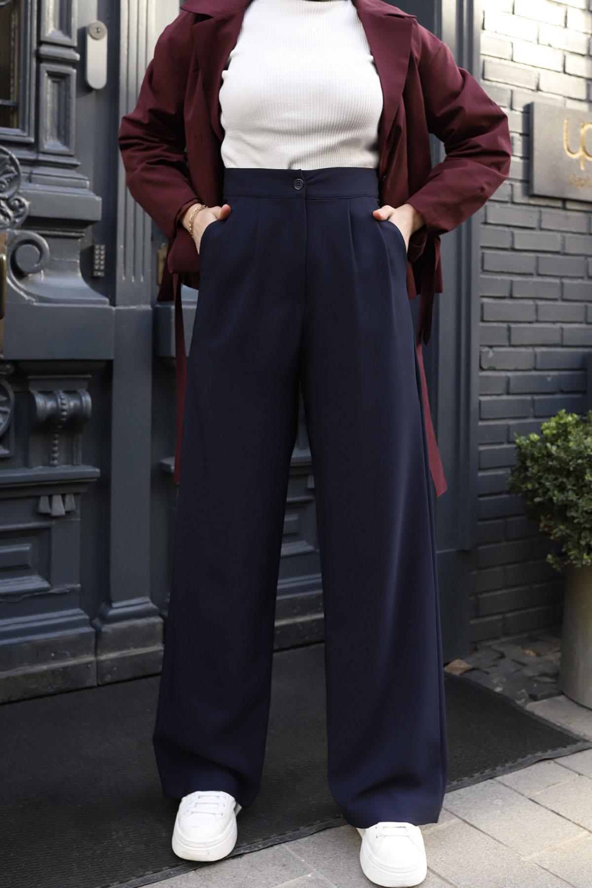 Yüksek Bel Pileli Palazzo Pantolon-LACİVERT