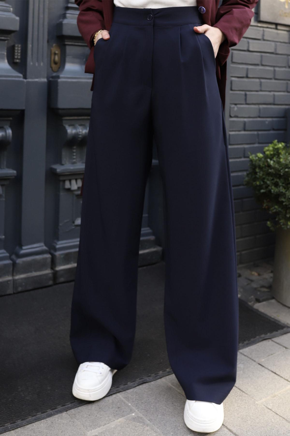 Yüksek Bel Pileli Palazzo Pantolon-LACİVERT