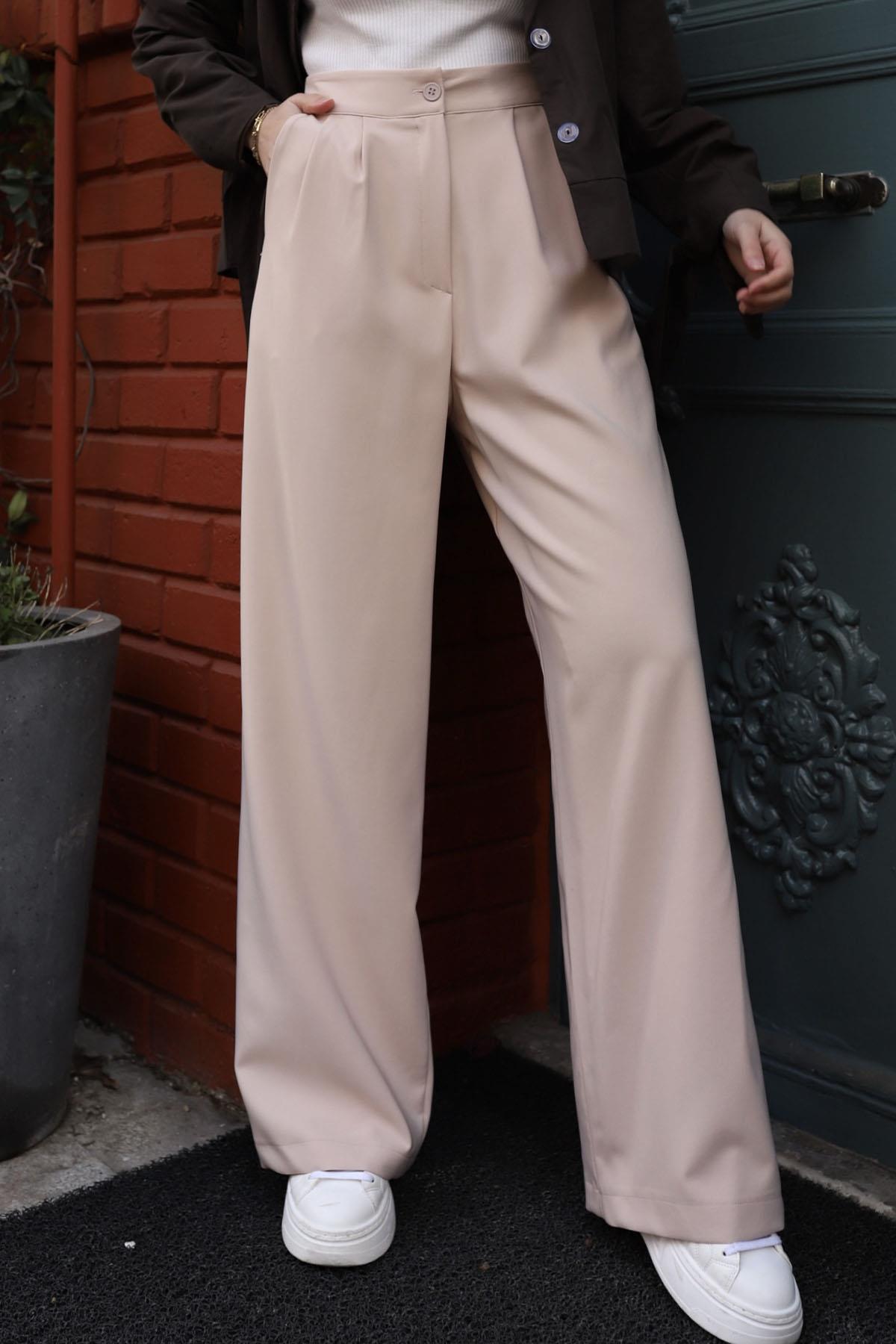 Yüksek Bel Pileli Palazzo Pantolon-TAŞ