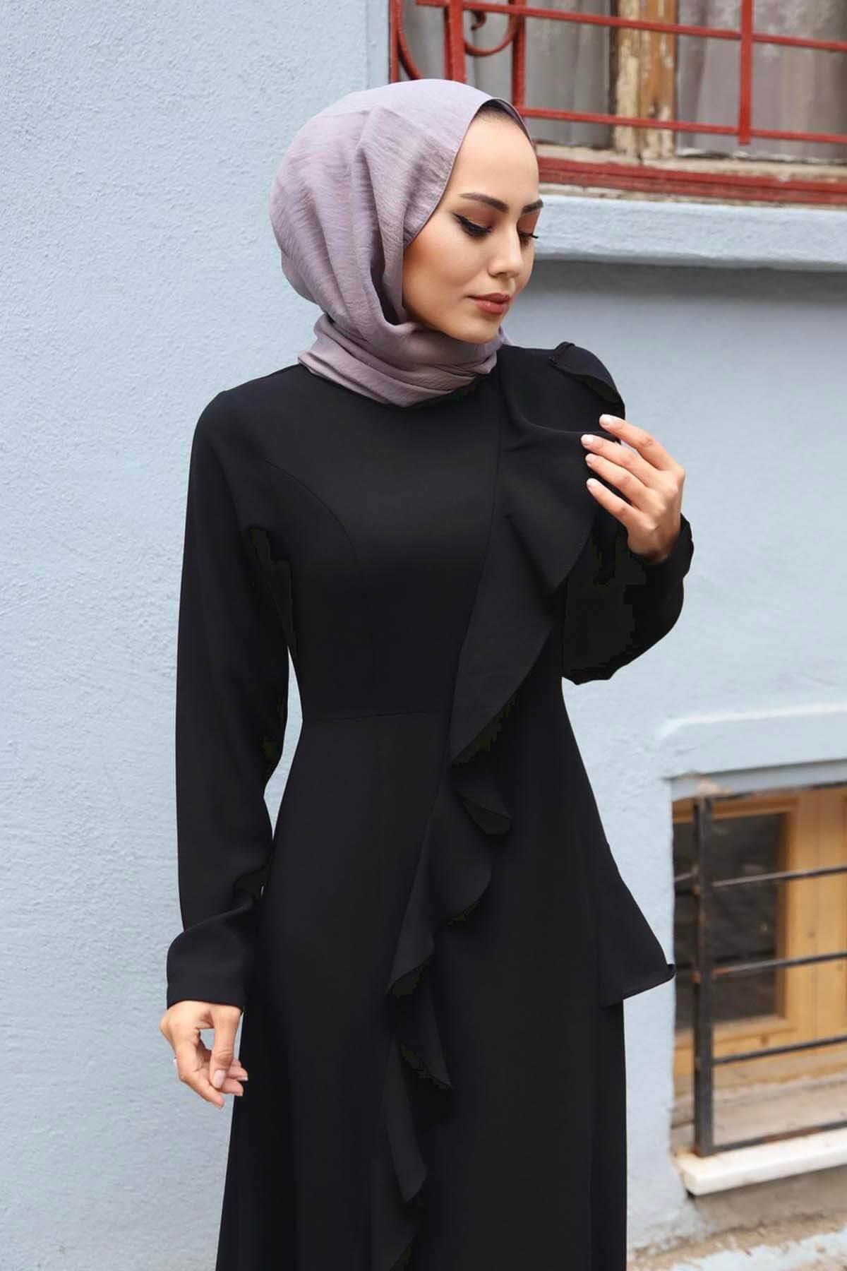 Boydan Fırfırlı Elbise-SİYAH - Moda Ensar