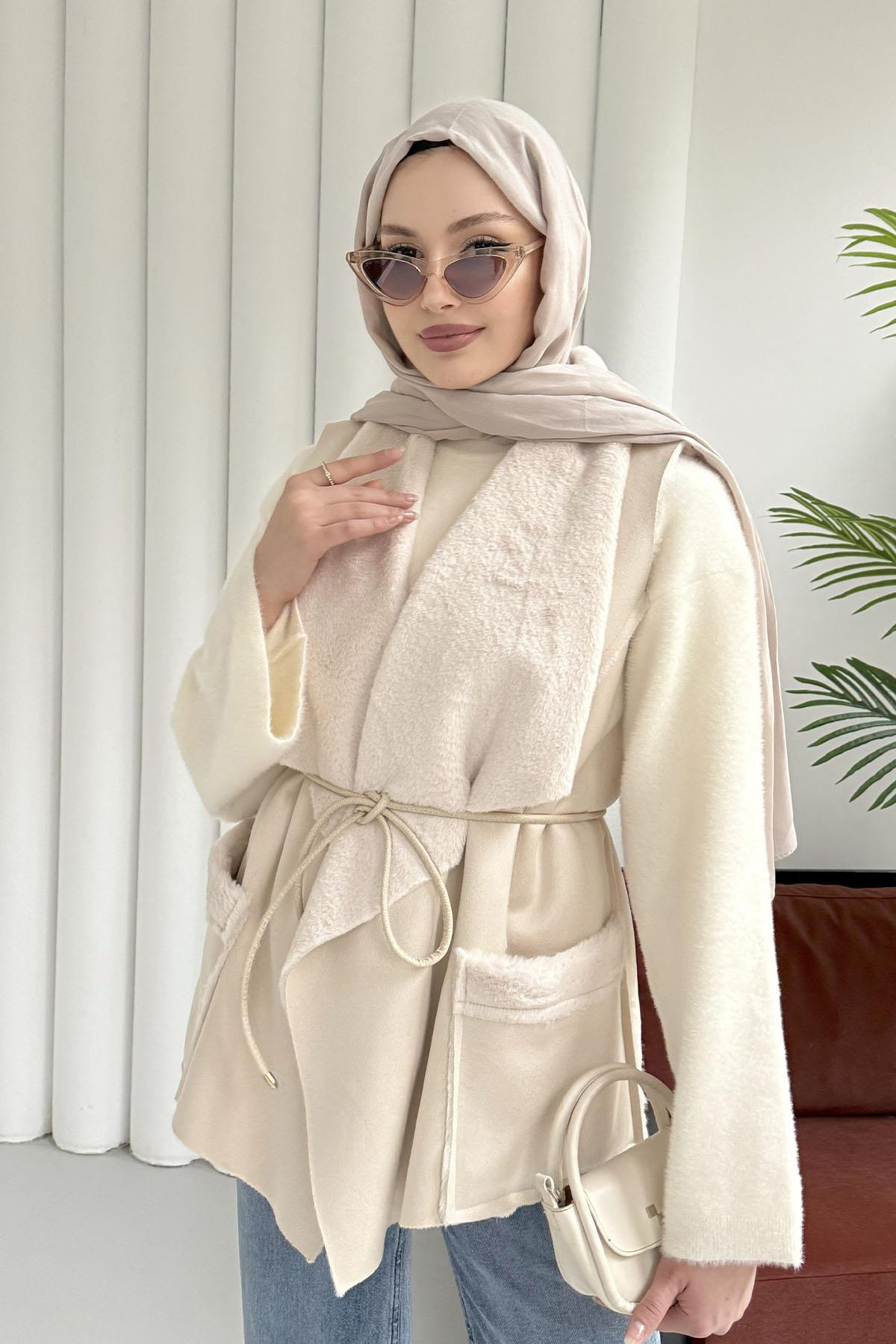 Asimetrik Kesim Keçe Kaşe Yelek-EKRU