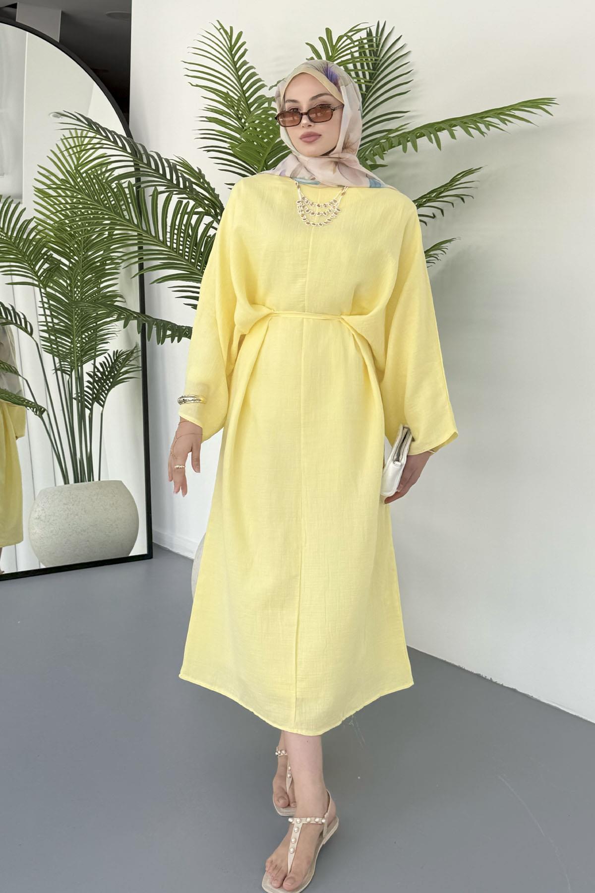 Bağçık Detaylı Oversize Tesettür Elbise-SARI