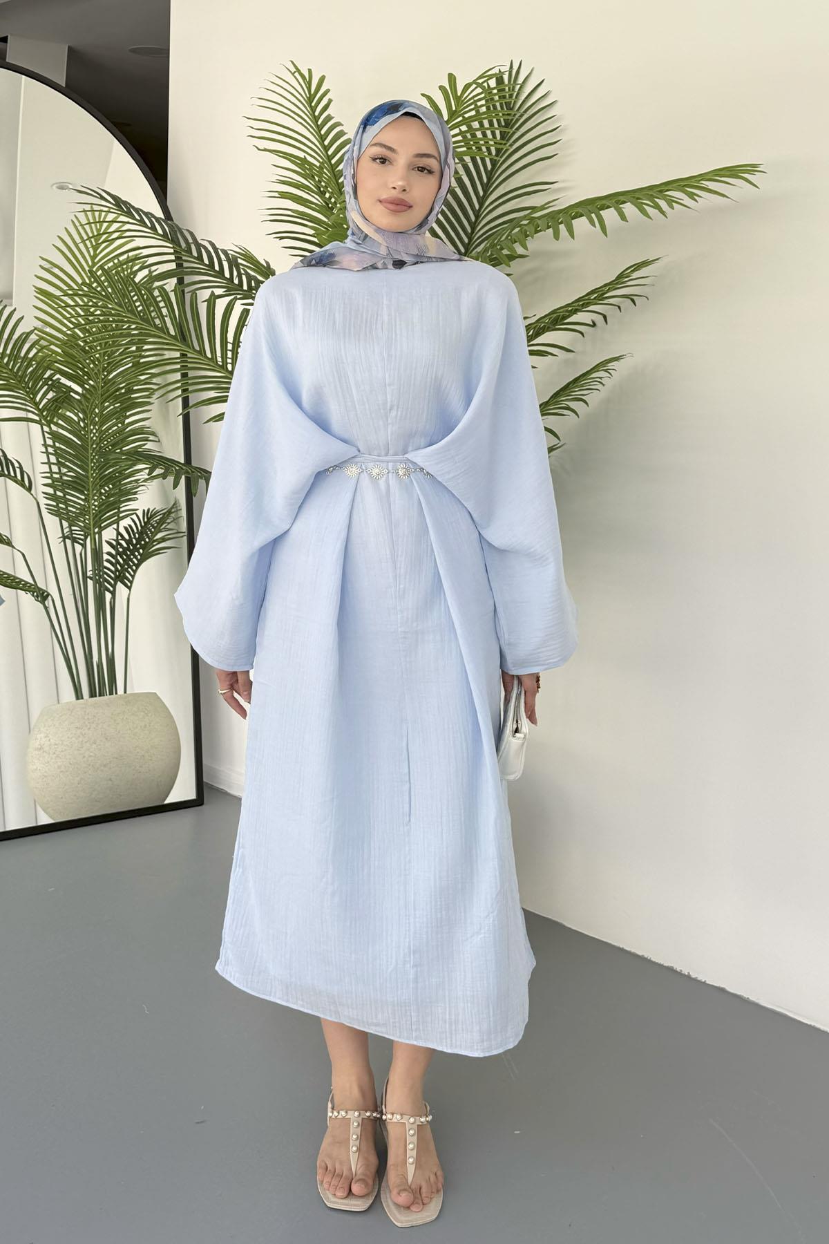 Bağçık Detaylı Oversize Tesettür Elbise-MAVİ