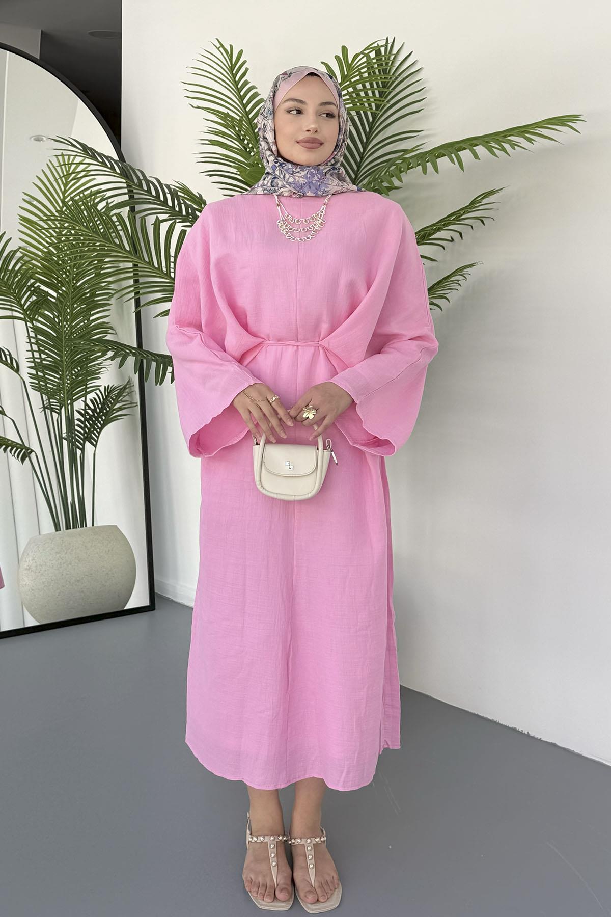 Bağçık Detaylı Oversize Tesettür Elbise-PEMBE