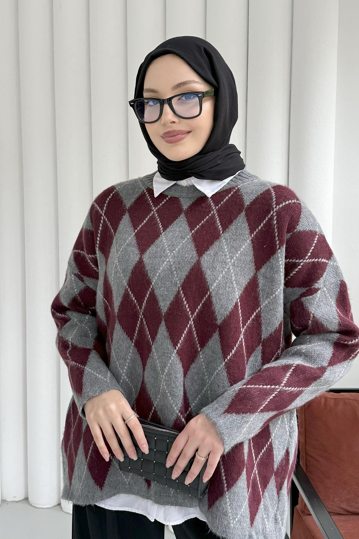 Baklava Desen Triko Kazak-BORDO