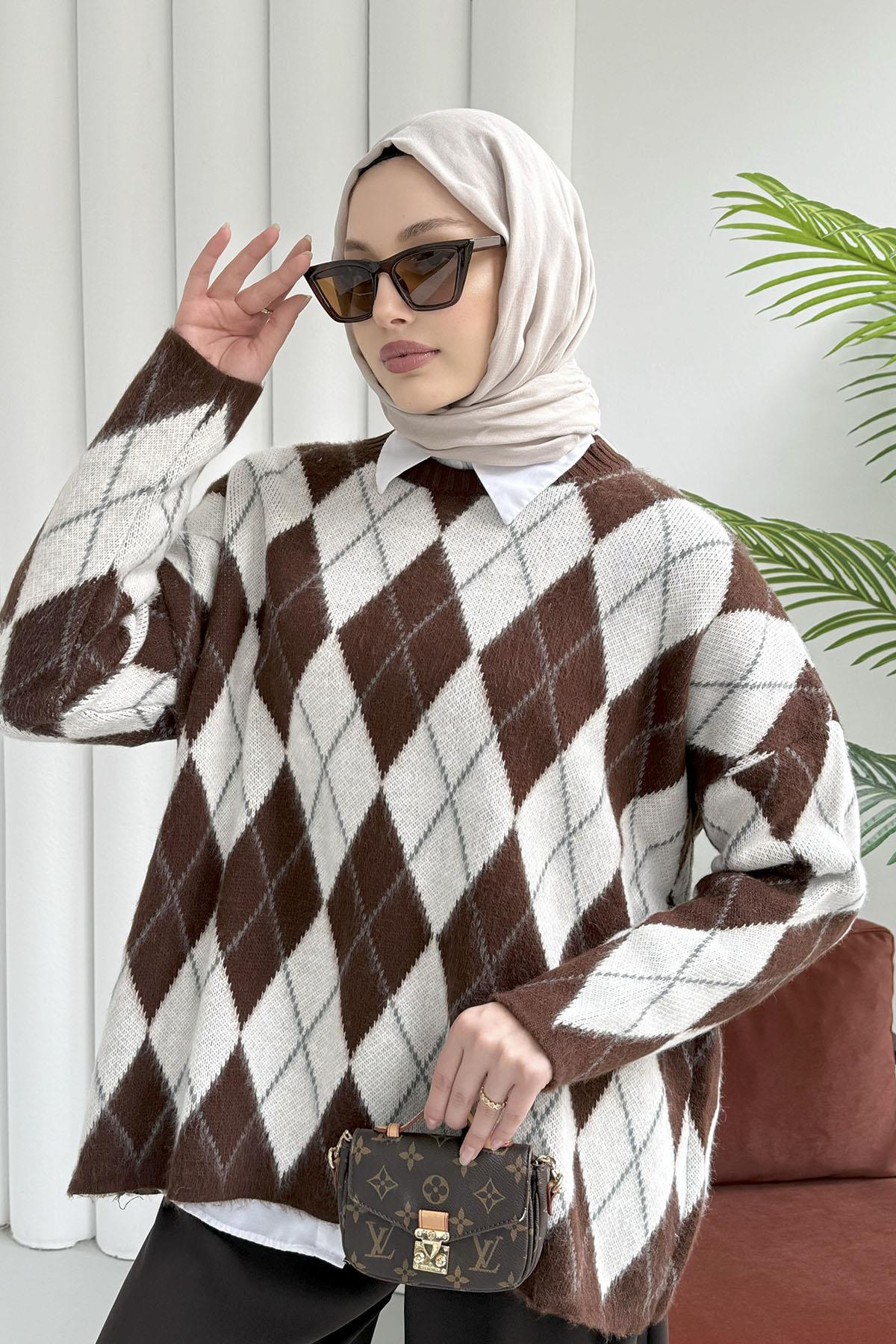 Baklava Desen Triko Kazak-KAHVERENGİ