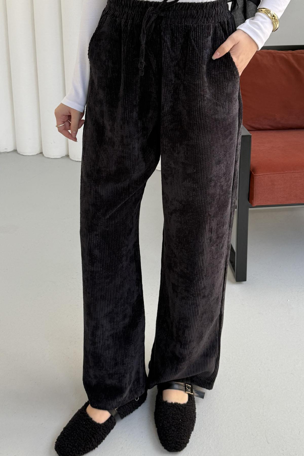 Bel Bağçıklı Kadife Palazzo Pantolon-SİYAH