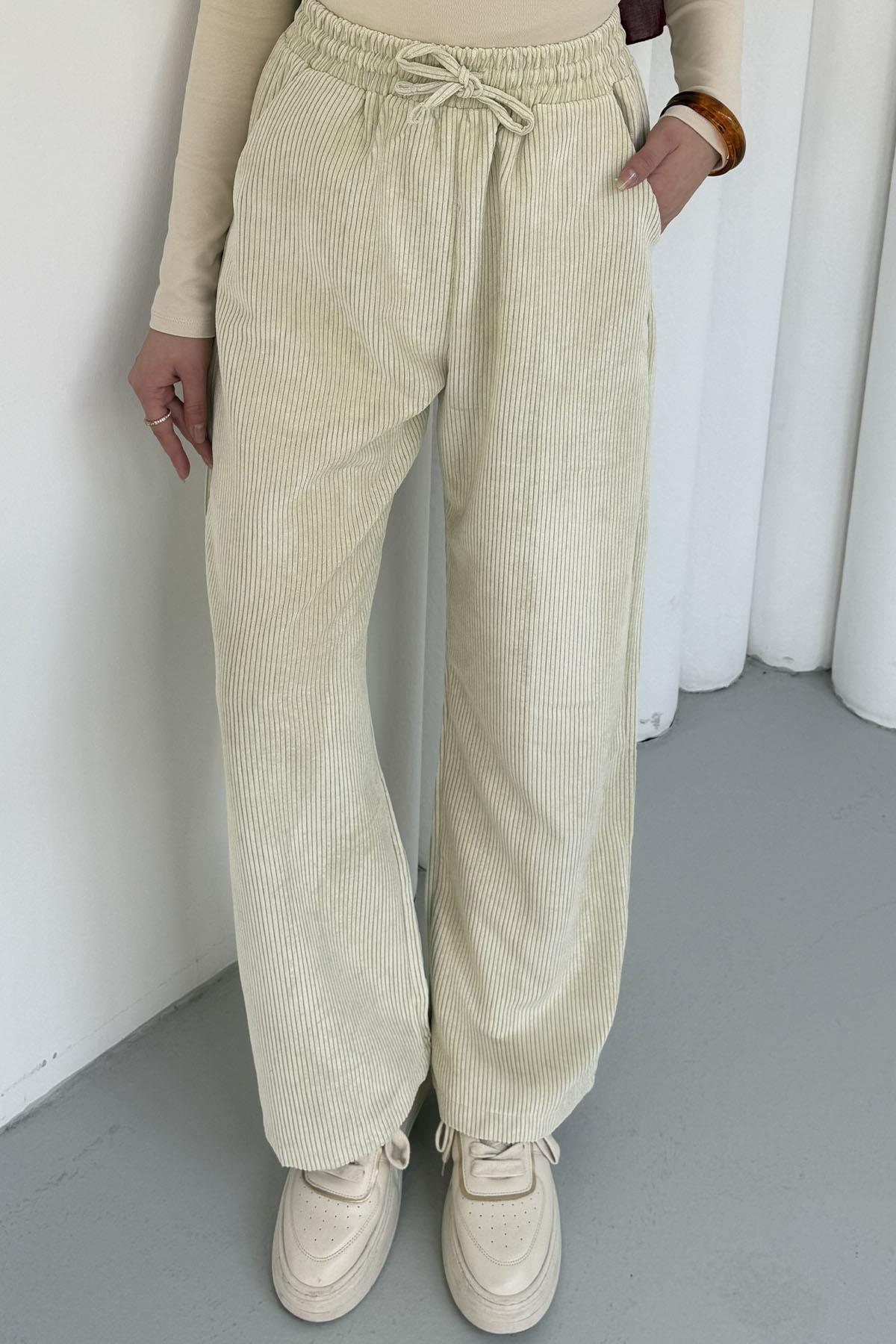 Bel Bağçıklı Kadife Palazzo Pantolon-TAŞ